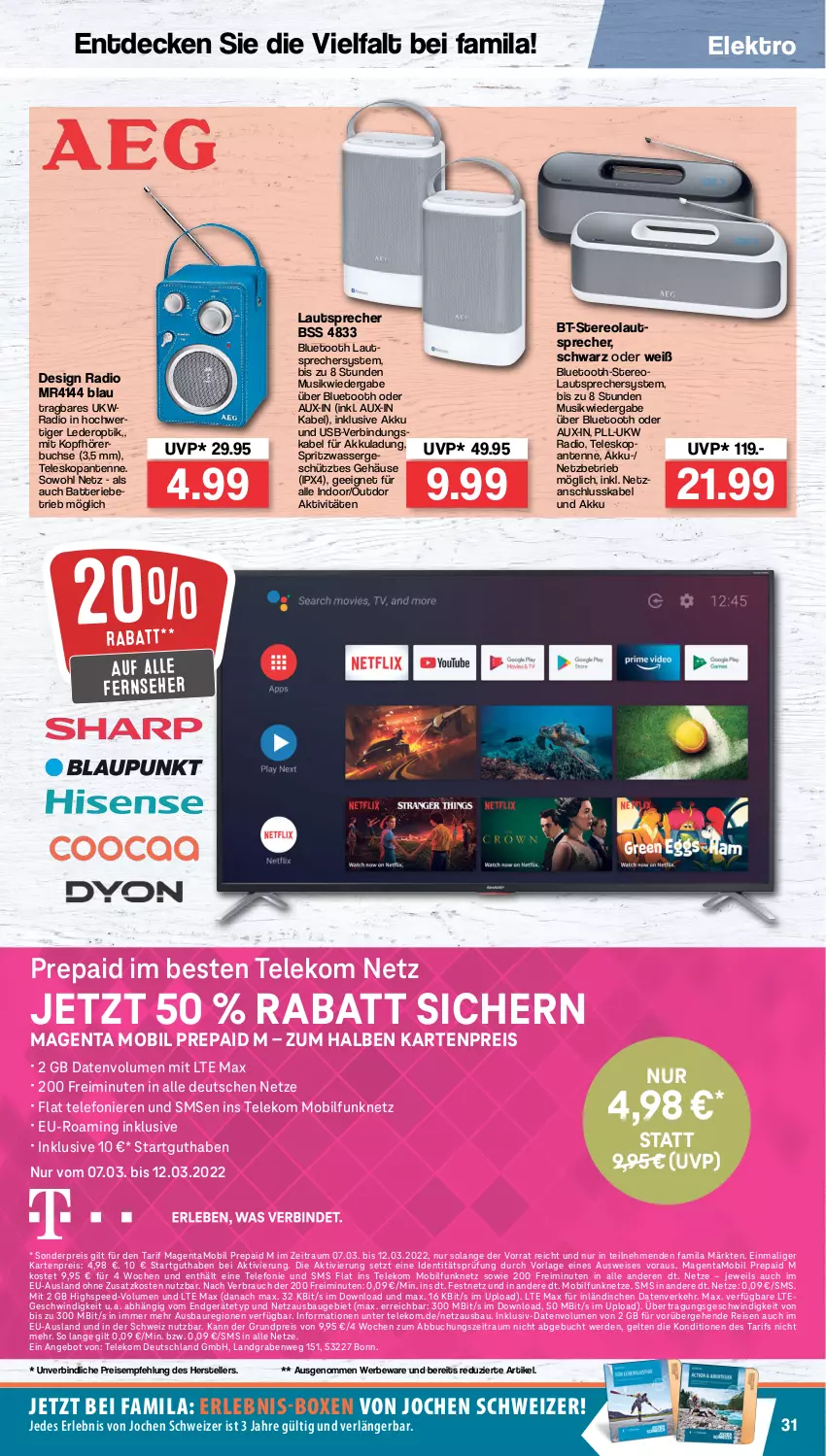 Aktueller Prospekt Famila - Prospekte - von 14.03 bis 19.03.2022 - strona 31 - produkty: akku, angebot, batterie, Bau, buch, decke, eis, Elektro, elle, erde, fernseher, kopfhörer, lautsprecher, Radio, Rauch, reis, spee, telefon, Teleskop, teller, Ti, usb, wasser, ZTE