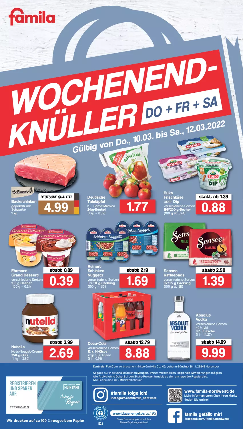 Aktueller Prospekt Famila - Prospekte - von 14.03 bis 19.03.2022 - strona 36 - produkty: Absolut Vodka, Arnica, auer, Becher, beutel, Buko, coca-cola, cola, creme, dessert, dip, drucker, ehrmann, Ehrmann Grand Dessert, eis, Engel, flasche, frischkäse, kaffee, kaffeepads, Käse, kerze, LG, nuss, nuss-nougat-creme, nutella, papier, Rauch, regal, reinert, reis, rwe, schinken, senseo, tafeläpfel, Ti, vodka