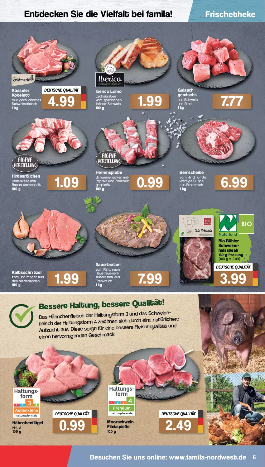 Aktueller Prospekt Famila - Prospekte - von 14.03 bis 19.03.2022 - strona 5 - produkty: auer, bacon, bio, braten, decke, eis, filet, filets, fleisch, gulasch, Hähnchenfleisch, hähnchenflügel, hirtenkäse, Hirtenröllchen, kalbsschnitzel, Käse, kasseler, kotelett, lachs, Lachsbraten, mac, Mantel, mit paprika, paprika, rind, schnitzel, schwein, schwein und rind, schweine, schweinefleisch, schweinenacken, steak, suppe, Ti, wein, weine, zwiebel, zwiebeln