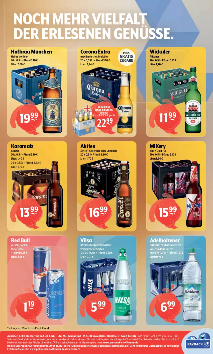 Aktueller Prospekt Getraenke Hoffmann - Prospekte - von 05.06 bis 17.06.2023 - strona 8 - produkty: abholpreise, adelholzener, Alwa, bier, cola, corona, corona extra, eis, elle, getränk, getränke, gewinnspiel, Holz, karamalz, kellerbier, mais, malz, mineralwasser, Mixer, mixery, natürliches mineralwasser, pils, pilsener, rama, red bull, reis, Spiele, Ti, vilsa, wasser, WICK