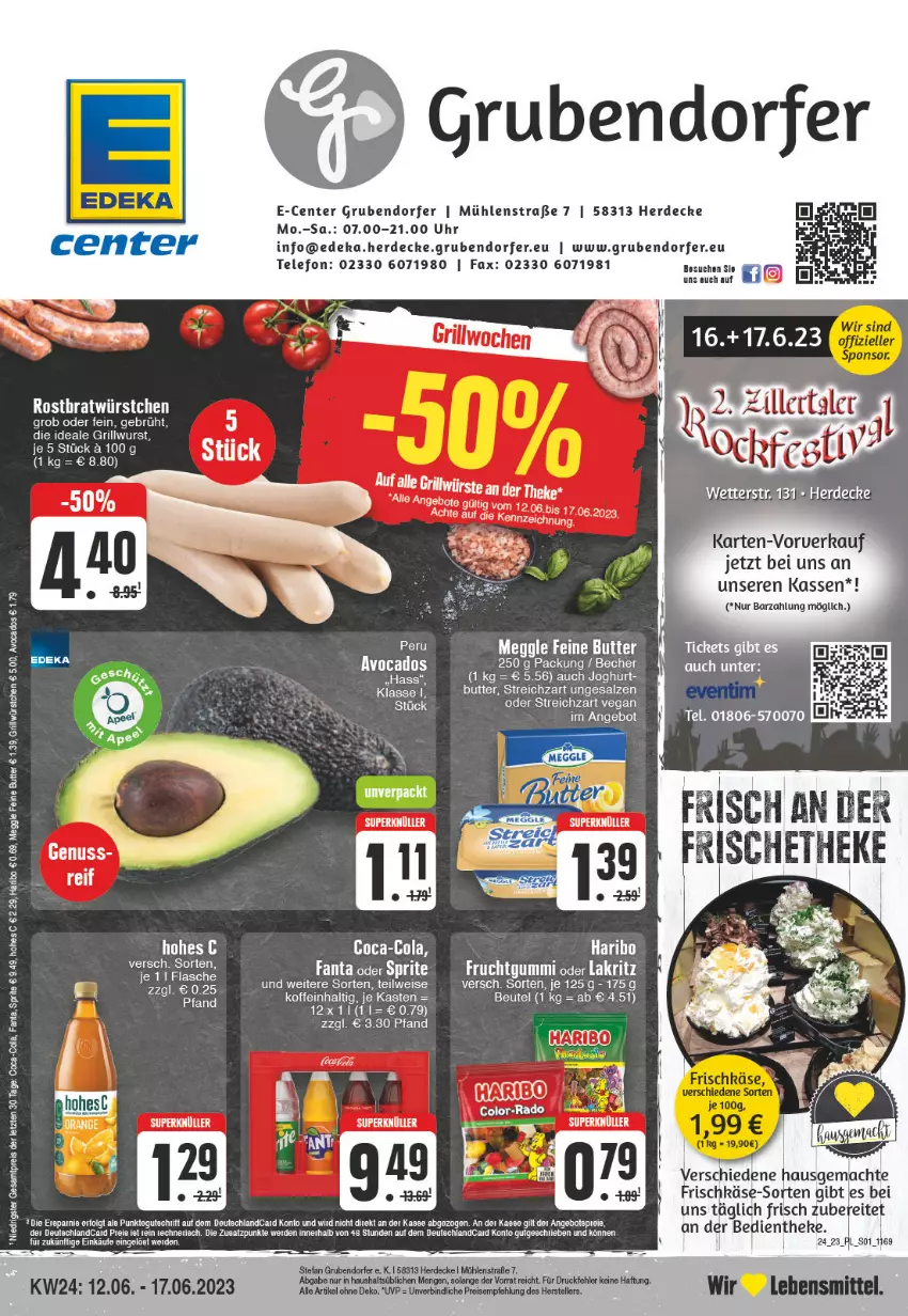 Aktueller Prospekt E Center - Angebote der Woche - von 12.06 bis 17.06.2023 - strona 1 - produkty: angebot, avocado, avocados, Becher, beutel, butter, coca-cola, cola, decke, deka, deutschlandcard, eis, ente, erde, fanta, fanta oder, fanta oder sprite, frischkäse, frucht, fruchtgummi, grill, Grillwurst, haribo, Hefte, Hohes C, joghur, joghurt, Käse, Lakritz, lebensmittel, mac, meggle, oder lakritz, oder sprite, orange, reis, rel, salz, sprite, Streichzart, telefon, Ti, uhr, wurst, würstchen, ZTE