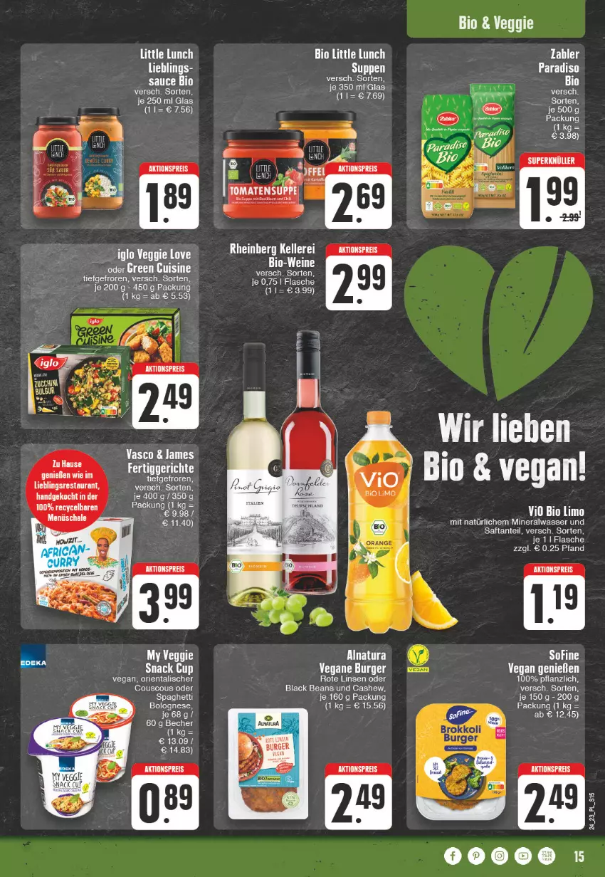 Aktueller Prospekt E Center - Angebote der Woche - von 12.06 bis 17.06.2023 - strona 15 - produkty: aktionspreis, Alwa, bio, bolognese, burger, Cashew, couscous, eis, elle, flasche, iglo, lack, mineralwasser, natur, natura, Pinot, reis, saft, sauce, snack, spaghetti, suppe, suppen, Ti, veggie, Veggie Love, wasser