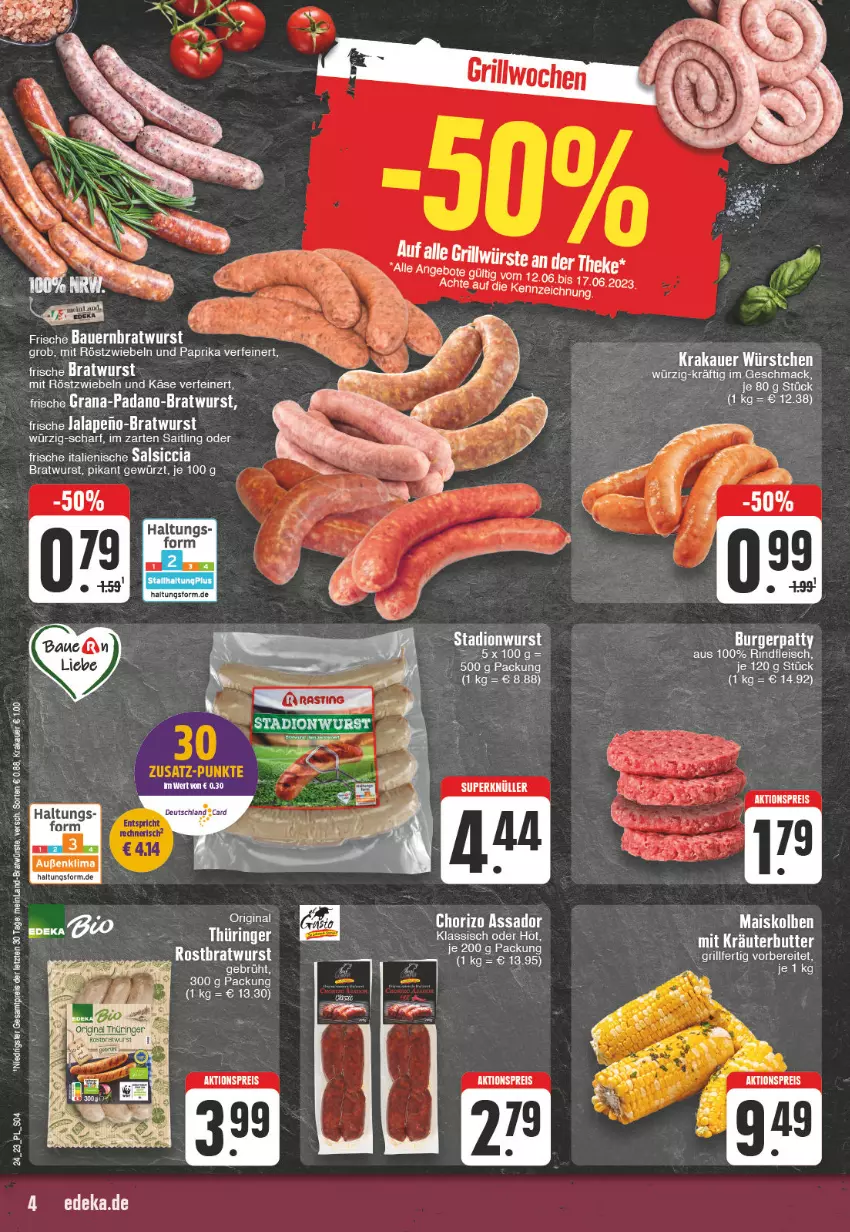 Aktueller Prospekt E Center - Angebote der Woche - von 12.06 bis 17.06.2023 - strona 4 - produkty: aktionspreis, Bau, bratwurst, burger, butter, deutschland card, eis, fleisch, gewürz, gin, grana, grill, im zarten saitling, Käse, kräuter, kräuterbutter, mac, mais, mit röstzwiebeln, padano, paprika, Rana, reis, rind, rindfleisch, ring, röstzwiebeln, Ti, wurst, ZTE, zwiebel, zwiebeln