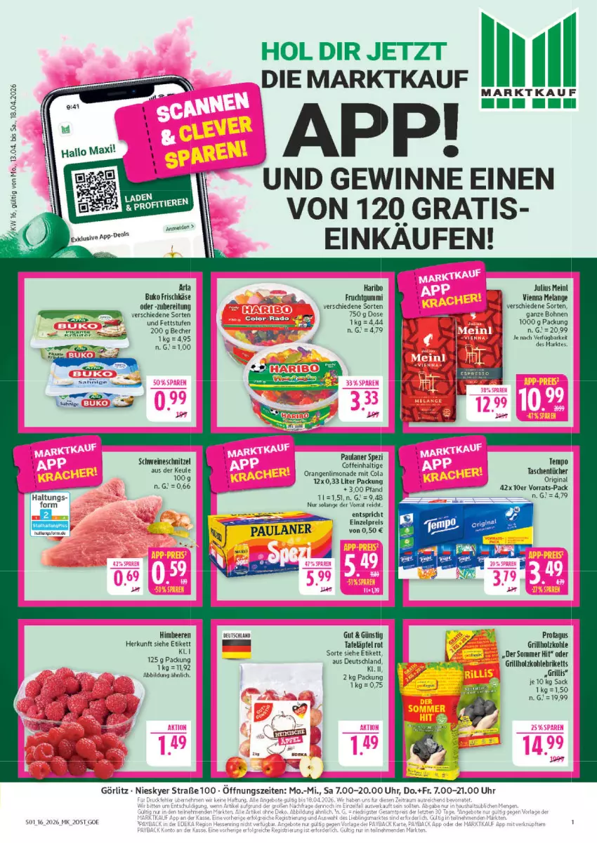 Aktueller Prospekt Marktkauf - Prospekt - von 12.04 bis 18.04.2026 - strona 1 - produkty: arla, arla buko, Becher, beere, beeren, bohne, bohnen, Buko, coffein, cola, eis, Elan, frischkäse, frucht, fruchtgummi, gin, grill, grillholzkohle, haribo, himbeer, himbeere, himbeeren, Holz, holzkohle, Julius Meinl, Käse, limo, limonade, orange, orangen, Paula, paulaner, profagus, reis, sac, schnitzel, schwein, schweine, schweineschnitzel, Spezi, tafeläpfel, Tasche, taschen, taschentücher, Tempo, Ti, tücher, uhr, wein, weine