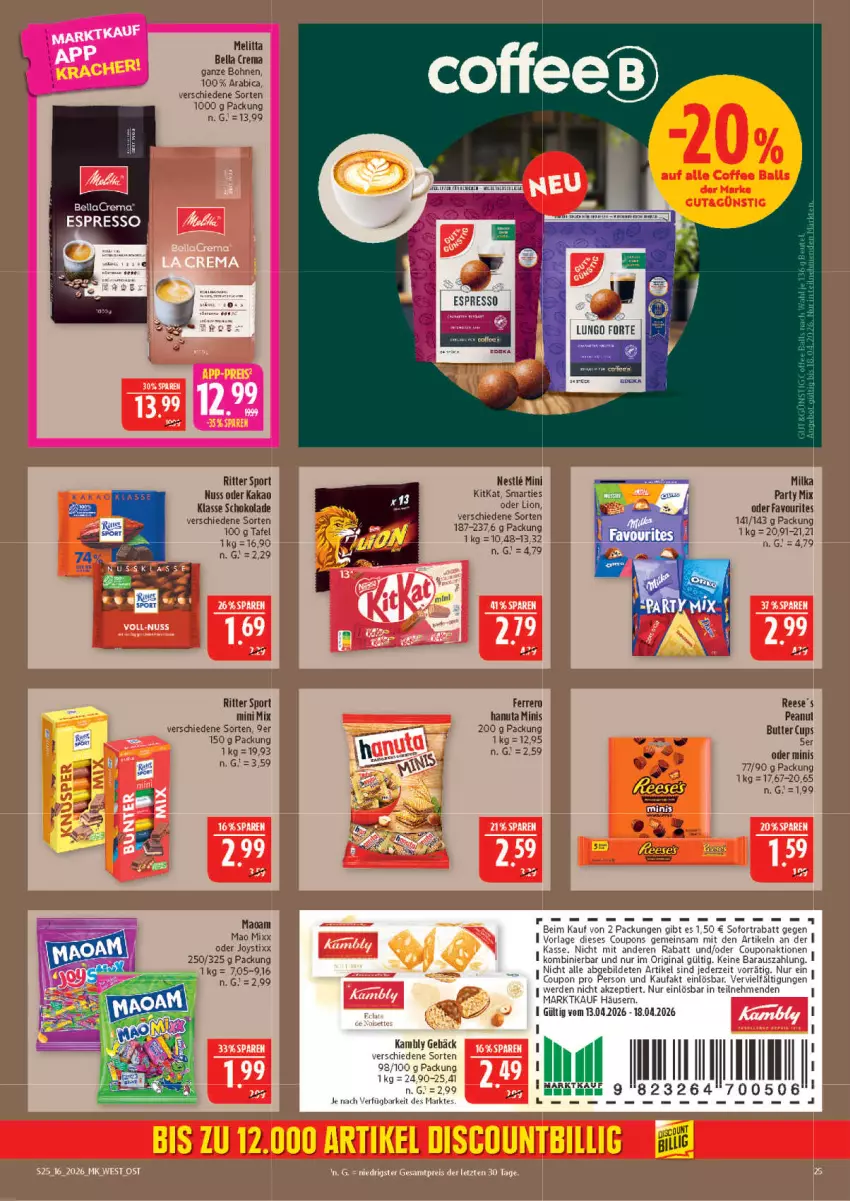 Aktueller Prospekt Marktkauf - Prospekt - von 12.04 bis 18.04.2026 - strona 25 - produkty: bella crema, bohne, bohnen, butter, coupon, erde, ferrero, gin, hanuta, kakao, kitkat, lion, melitta, milka, nuss, ritter, ritter sport, schoko, schokolade, smarties, Sport, Ti