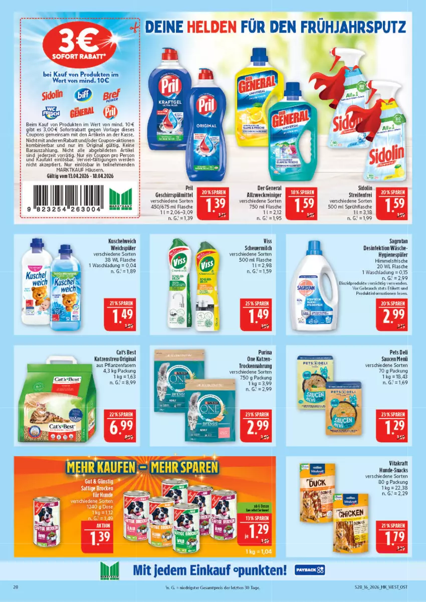 Aktueller Prospekt Marktkauf - Prospekt - von 12.04 bis 18.04.2026 - strona 28 - produkty: allzweckreiniger, bio, biozidprodukte, coupon, coupons, Desinfektion, eis, erde, flasche, geschirr, geschirrspülmittel, gin, Heu, hygienespüler, Katzenstreu, kraft, Kuschelweich, milch, pflanze, pflanzen, purina, Rauch, reifen, reiniger, reis, rwe, sagrotan, sauce, saucen, scheuermilch, sidolin, snack, snacks, sofortrabatt, sprühflasche, spülmittel, Ti, Trockennahrung, vita, vitakraft, weck, weichspüler, ZTE