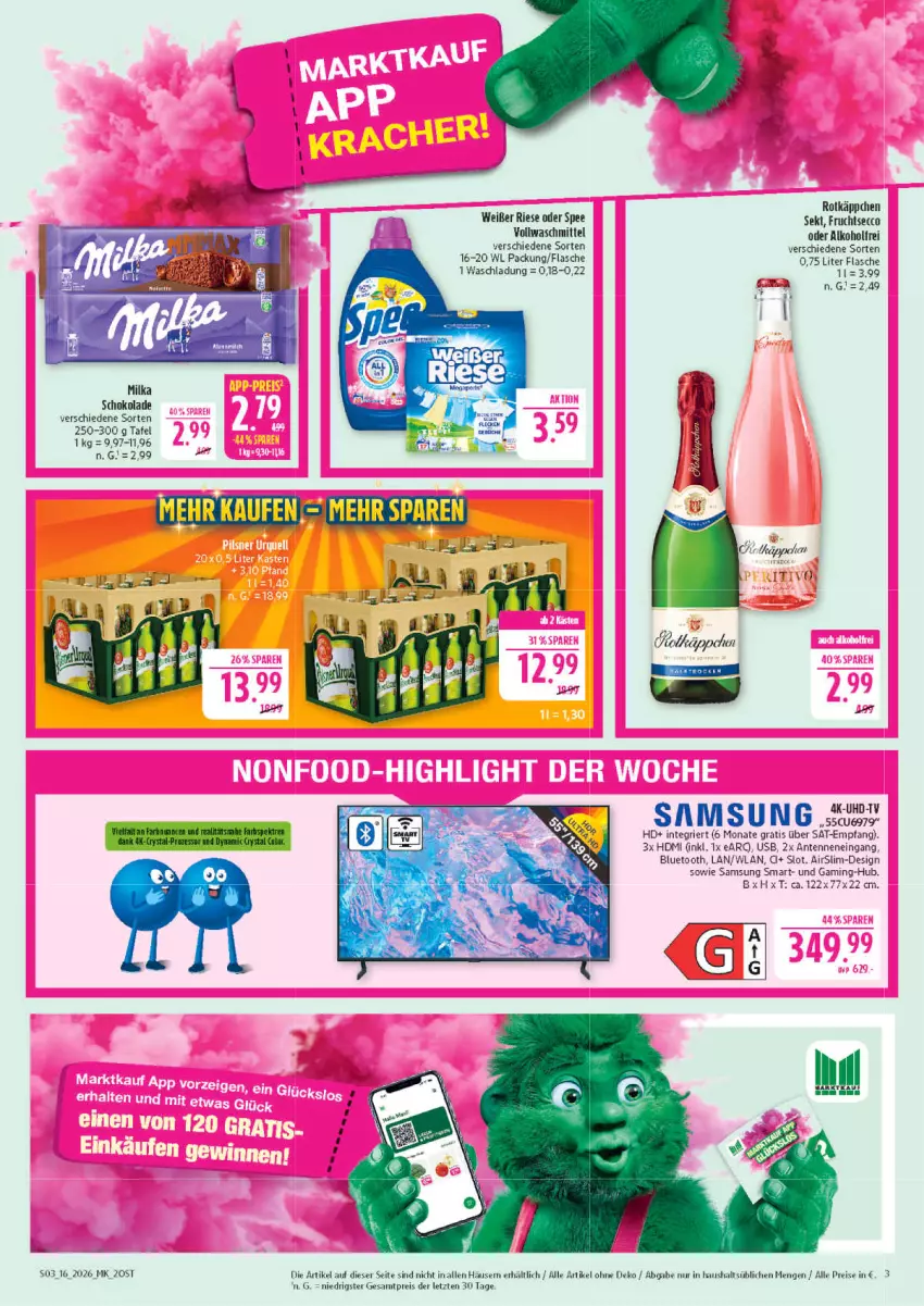 Aktueller Prospekt Marktkauf - Prospekt - von 12.04 bis 18.04.2026 - strona 3 - produkty: alkohol, ecco, eis, flasche, frucht, fruchtsecco, HDMI, milka, milka schokolade, reis, rotkäppchen, Samsung, schoko, schokolade, sekt, spee, Ti, usb, vollwaschmittel, waschmittel, ZTE