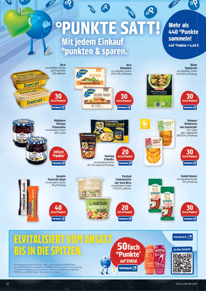Aktueller Prospekt Marktkauf - Prospekt - von 12.04 bis 18.04.2026 - strona 30 - produkty: angebot, angebote, becel, Becher, deka, elvital, ente, houdek, kabanos, korn, kuchen, LG, maultaschen, mühlhäuser, payback, rebell, riegel, ring, snack, studentenfutter, Tasche, taschen, Ti, Vegeta, vita, wasa