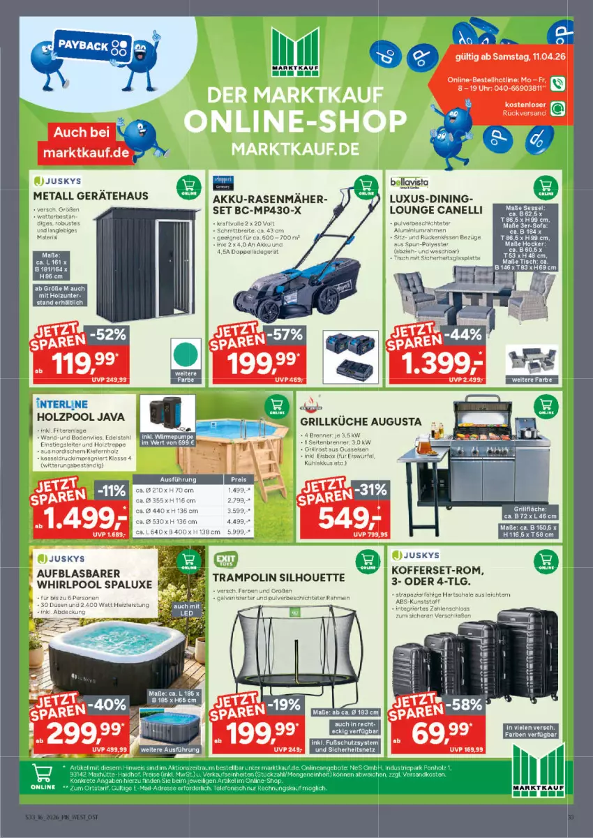 Aktueller Prospekt Marktkauf - Prospekt - von 12.04 bis 18.04.2026 - strona 33 - produkty: akku, akku-rasenmäher, angebot, angebote, Brei, edelstahl, eier, eis, eiswürfel, grill, grillrost, Holz, koffer, kraft, küche, kühlakku, kühlakkus, LG, ndk, pool, rasen, rasenmäher, Ria, Schal, Schale, sessel, telefon, Ti, Trampolin, uhr, Whirlpool, würfel