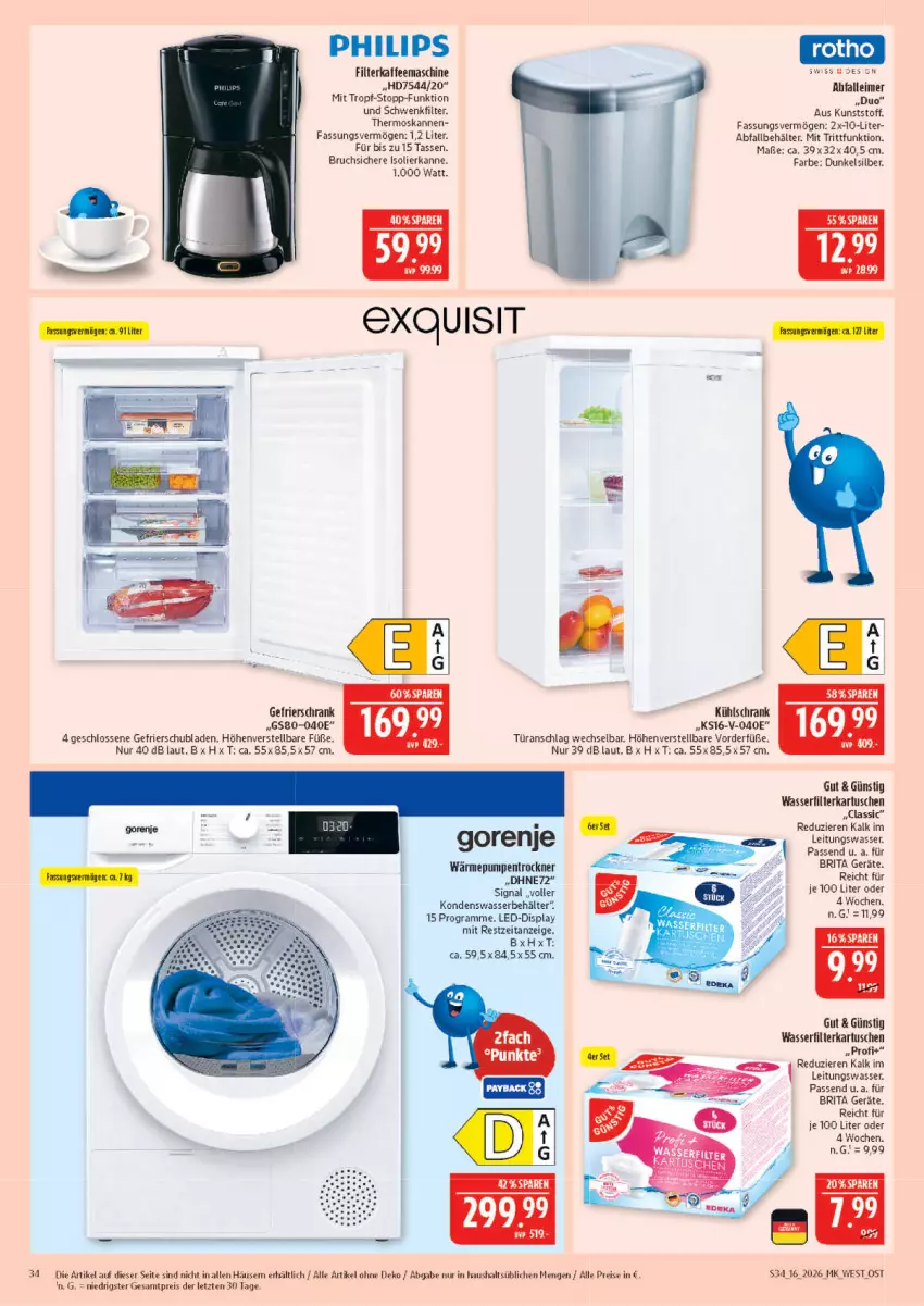 Aktueller Prospekt Marktkauf - Prospekt - von 12.04 bis 18.04.2026 - strona 34 - produkty: Behälter, brita, eimer, eis, filterkaffee, filterkartuschen, gefrierschrank, gorenje, gsw, isolierkanne, kaffee, kaffeemaschine, kühlschrank, leimer, Philips, reis, Schrank, schubladen, Signal, tasse, Ti, Trockner, türanschlag wechselbar, wärmepumpentrockner, wasser, wasserfilter, ZTE