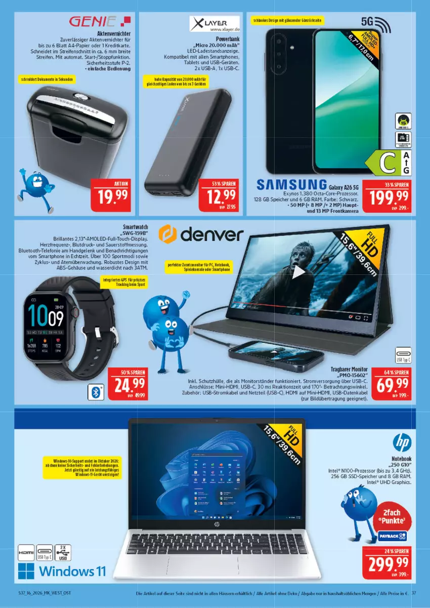 Aktueller Prospekt Marktkauf - Prospekt - von 12.04 bis 18.04.2026 - strona 37 - produkty: Aktenvernichter, auer, auto, Bank, Brei, eis, frontkamera, gsw, HD Graphics, HDMI, Intel, kamera, monitor, notebook, papier, powerbank, reifen, reis, Samsung, schutzhülle, smartphone, smartphones, smartwatch, Sport, ssd, SSD-Speicher, tablet, Tablets, telefon, Ti, uhd, usb, wasser, ZTE