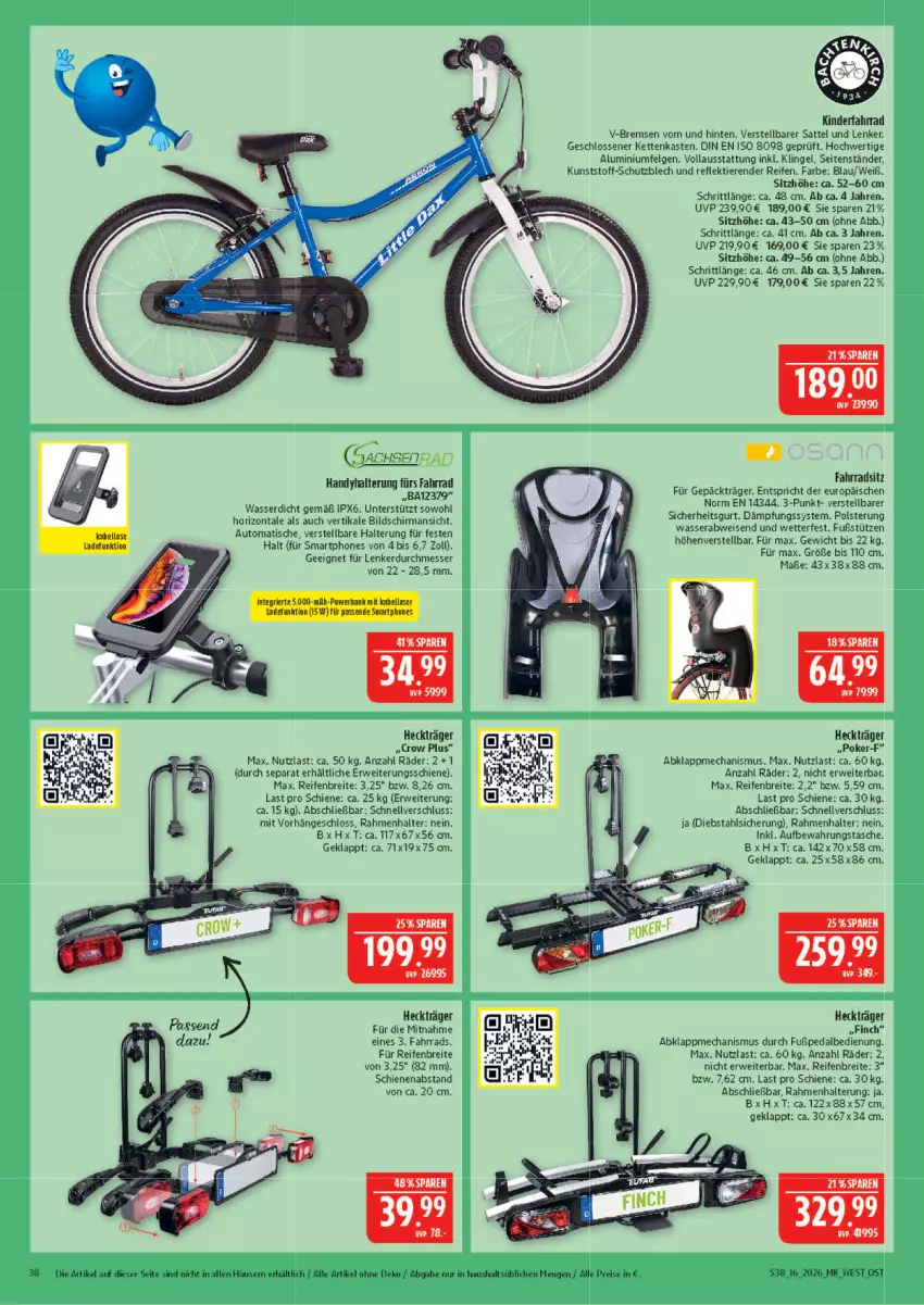 Aktueller Prospekt Marktkauf - Prospekt - von 12.04 bis 18.04.2026 - strona 38 - produkty: aluminiumfelgen, aufbewahrungstasche, auto, Bank, Brei, eis, Fahrrad, felgen, Handy, Heckträger, Kette, Kinder, Kinderfahrrad, LG, messer, reifen, reis, rwe, sattel, Sitzhöhe, smartphone, smartphones, Tasche, Ti, Tiere, tisch, wasser