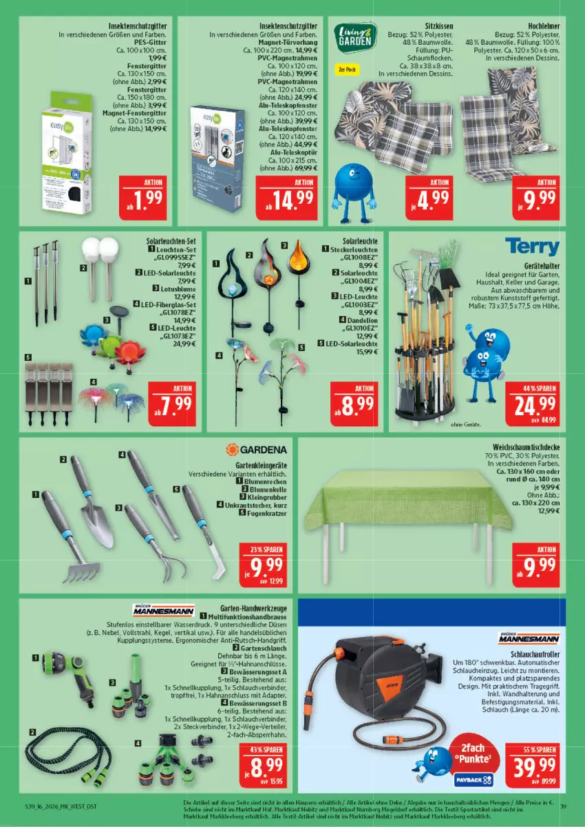 Aktueller Prospekt Marktkauf - Prospekt - von 12.04 bis 18.04.2026 - strona 39 - produkty: adapter, AEZ, auto, Bau, baumwolle, blume, blumen, brause, decke, eis, elle, fenster, gardena, Garten, gartenschlauch, handbrause, heinz, insektenschutz, kissen, LED-Leuchte, led-solarleuchte, Leuchte, leuchten, lion, reis, Ria, Roller, schlauch, schuhe, sekt, sitzkissen, solarleuchte, Sport, Teleskop, Ti, Tiere, tisch, tischdecke, tragegriff, usb, wandhalterung, wasser, werkzeug, werkzeuge, wolle