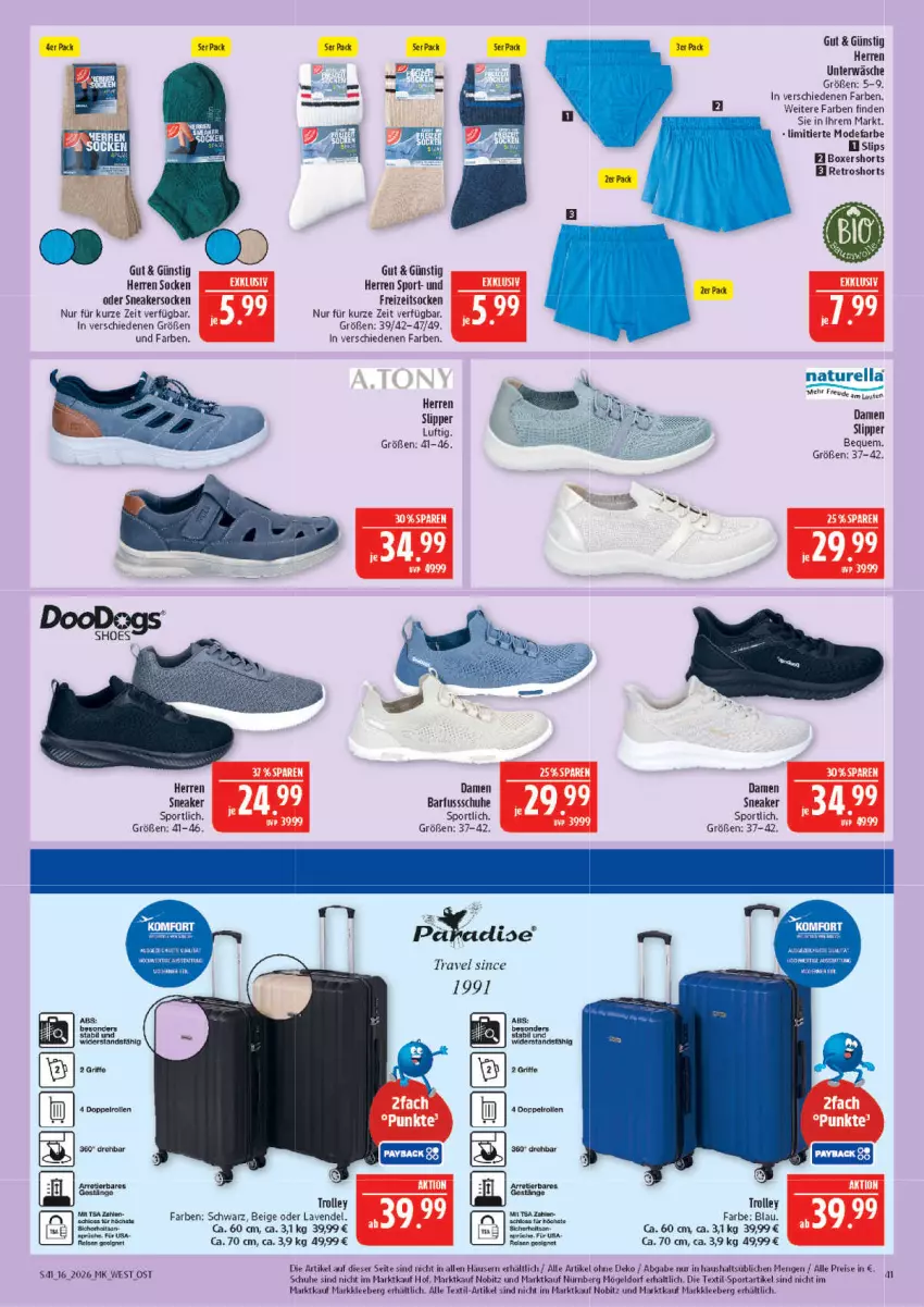 Aktueller Prospekt Marktkauf - Prospekt - von 12.04 bis 18.04.2026 - strona 41 - produkty: eis, Freizeitsocken, lavendel, LG, Mode, natur, Naturella, reis, rel, retroshorts, schuhe, shorts, slip, Slipper, sneaker, sneakersocken, socken, Sport, Ti, trolley, Unterwäsche