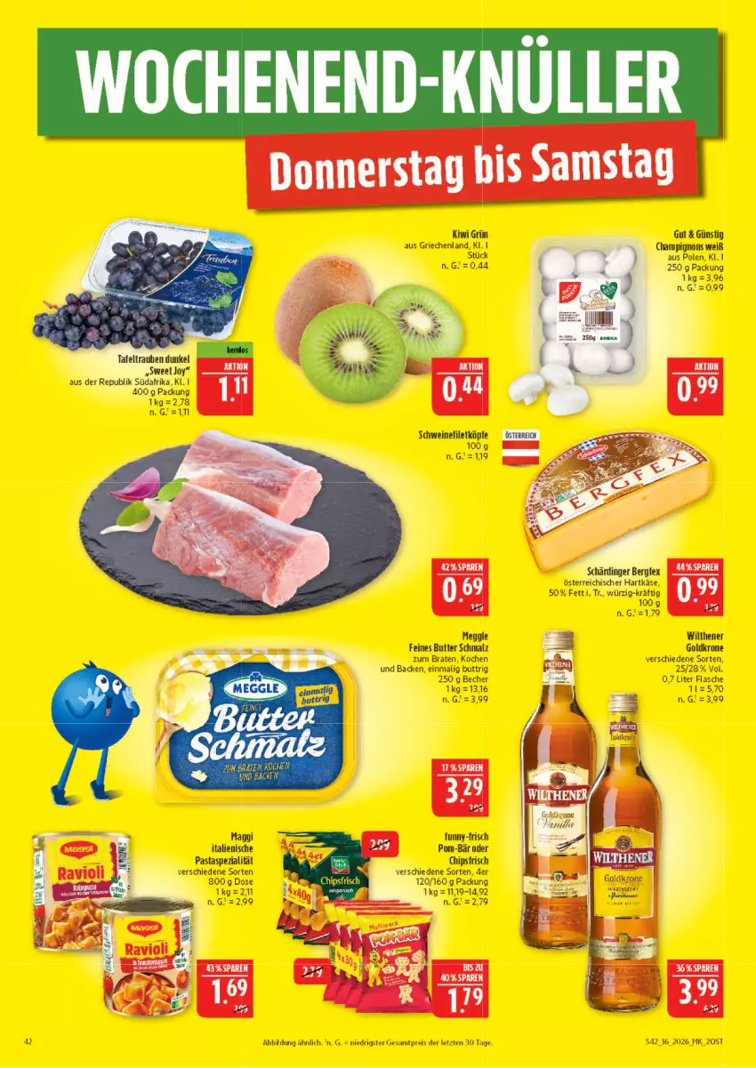 Aktueller Prospekt Marktkauf - Prospekt - von 12.04 bis 18.04.2026 - strona 42 - produkty: Becher, braten, butter, champignon, champignons, chips, chipsfrisch, dip, eis, filet, flasche, funny-frisch, goldkrone, hartkäse, Käse, kiwi, krone, maggi, malz, pasta, pom-bär, reis, Schärdinger, Schmalz, schwein, schweine, schweinefilet, Spezi, tafeltrauben, Ti, trauben, wein, weine, wilthener, Wilthener Goldkrone, ZTE