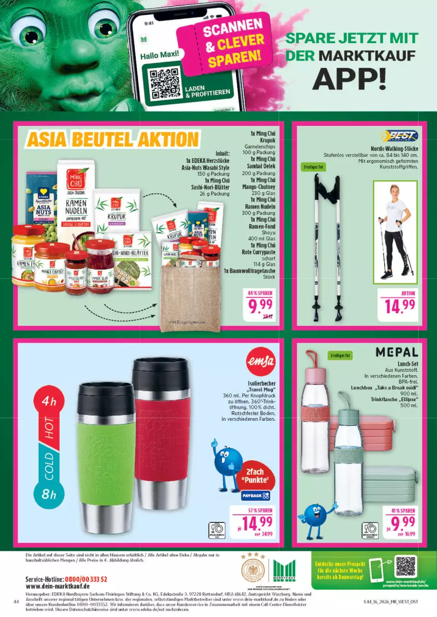 Aktueller Prospekt Marktkauf - Prospekt - von 12.04 bis 18.04.2026 - strona 44 - produkty: Astra, aust, Bau, Becher, chips, curry, deka, eis, ente, flasche, garnelen, isolierbecher, lunchbox, mango, nudel, nudeln, reis, ring, sac, Sambal Oelek, Sushi, Tasche, Ti, travel mug, trinkflasche, wasa