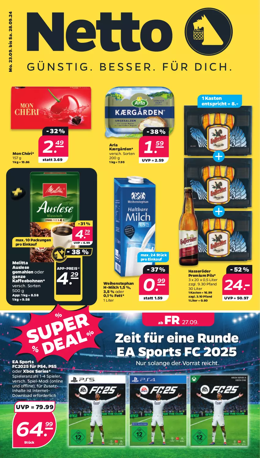 Aktueller Prospekt Netto - Woche 39 - von 23.09 bis 28.09.2024 - strona 1 - produkty: aldi, arla, bohne, bohnen, discount, eis, elle, hasseröder, Kærgården, kaffee, kaffeebohnen, melitta, milch, Mon Chéri, monitor, pils, premium pils, ps4, regal, reis, Spiele, Sport, Ti, tisch, weihenstephan, Xbox