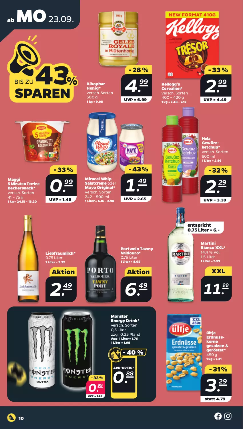 Aktueller Prospekt Netto - Woche 39 - von 23.09 bis 28.09.2024 - strona 10 - produkty: Becher, bihophar, cerealien, creme, drink, eis, energy drink, erdnuss, gewürz, gewürzketchup, gin, Hela, honig, ketchup, maggi, martini, milch, miracel, miracel whip, monster, Monster Energy, nuss, Portwein, reis, salat, salatcreme, salz, snack, terrine, Ti, ültje, valdo, wein, Yo