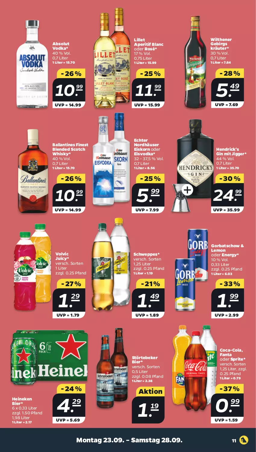 Aktueller Prospekt Netto - Woche 39 - von 23.09 bis 28.09.2024 - strona 11 - produkty: Absolut Vodka, aperitif, ball, bier, blended scotch, blended scotch whisky, coca-cola, cola, eis, fanta, fanta oder, fanta oder sprite, gin, Gorbatschow, heineken, korn, kräuter, lillet, oder sprite, schweppes, scotch, scotch whisky, sprite, störtebeker, Ti, vodka, volvic, whisky, wilthener