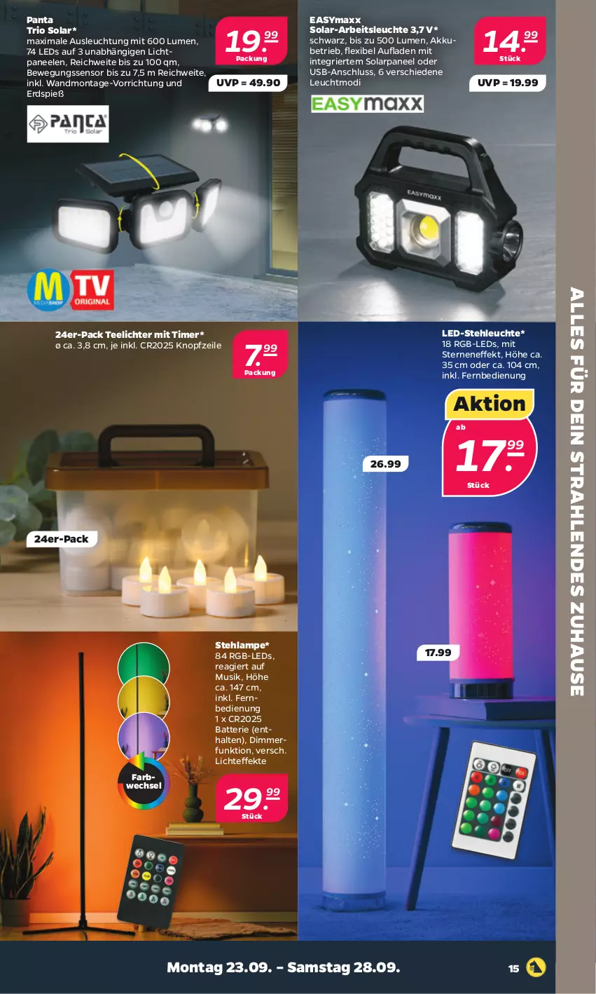 Aktueller Prospekt Netto - Woche 39 - von 23.09 bis 28.09.2024 - strona 19 - produkty: akku, Arbeitsleuchte, batterie, Bewegungssensor, dimmer, easymaxx, fernbedienung, Lampe, led-stehleuchte, leds, Leuchte, paneel, Stehlampe, stehleuchte, tee, Teelicht, teelichte, Ti, timer, usb