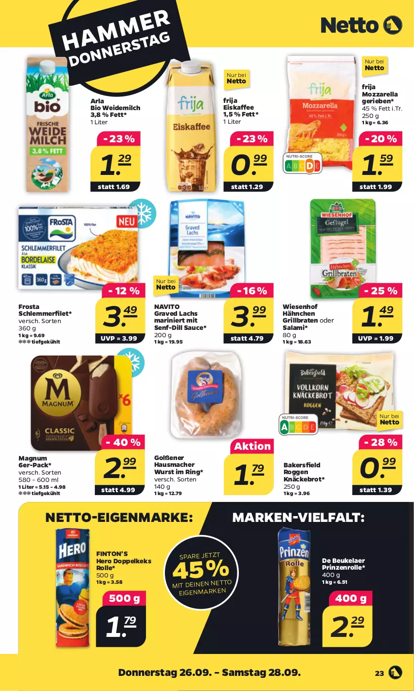 Aktueller Prospekt Netto - Woche 39 - von 23.09 bis 28.09.2024 - strona 27 - produkty: arla, bio, braten, brot, de beukelaer, eis, eiskaffee, filet, frosta, Graved Lachs, grill, Hausmacher, hero, kaffee, keks, knäckebrot, lachs, mac, magnum, milch, mozzarella, prinzenrolle, rel, ring, salami, sauce, schlemmerfilet, senf, Ti, weidemilch, wiesenhof, wurst