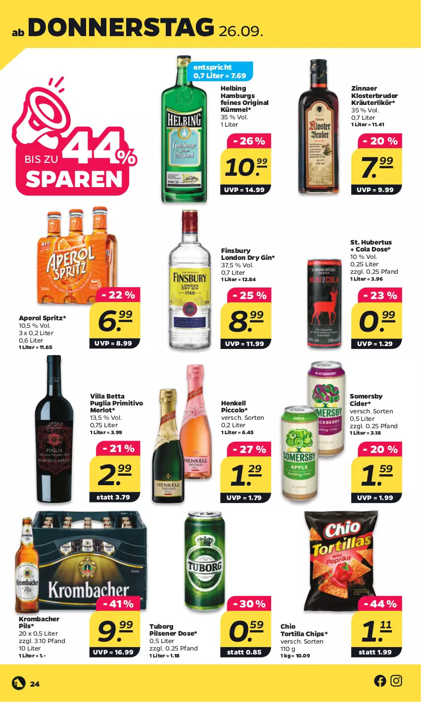 Aktueller Prospekt Netto - Woche 39 - von 23.09 bis 28.09.2024 - strona 28 - produkty: aperol, bett, chips, cider, cola, dry gin, finsbury, gin, henkel, henkell, kräuter, kräuterlikör, krombache, krombacher, krombacher pils, likör, london dry, london dry gin, merl, merlot, pils, pilsener, primitivo, somersby, Ti, tortilla, Tortilla Chips