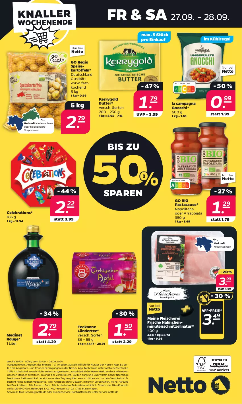 Aktueller Prospekt Netto - Woche 39 - von 23.09 bis 28.09.2024 - strona 32 - produkty: alle artikel ohne dekoration, angebot, arrabbiata, bio, butter, coupon, dekoration, eis, elle, fleisch, Fleischerei, Frische Hähnchen, gnocchi, kartoffel, kartoffeln, kerrygold, kühlregal, Ländertee, medinet, minutenschnitzel, natur, pasta, regal, reis, rouge, sac, sauce, Schere, schnitzel, speisekartoffeln, tee, teekanne, Ti