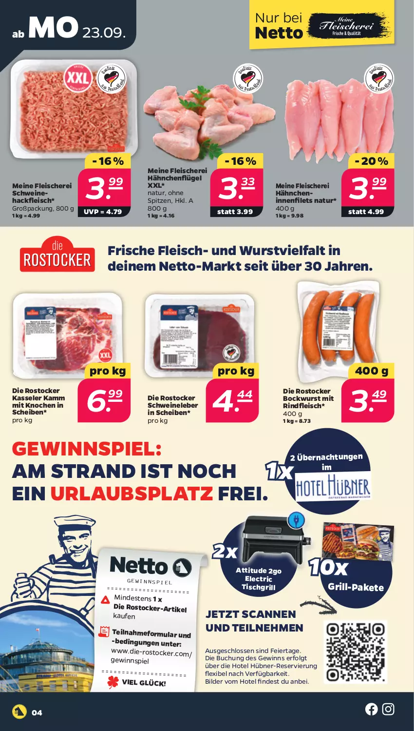 Aktueller Prospekt Netto - Woche 39 - von 23.09 bis 28.09.2024 - strona 4 - produkty: bockwurst, buch, eier, eis, filet, filets, fleisch, Fleischerei, gewinnspiel, grill, hackfleisch, hähnchenflügel, kasseler, LG, natur, rind, rindfleisch, Rostocker, Schere, schwein, schweine, Schweinehackfleisch, Schweineleber, Ti, tisch, tischgrill, wein, weine, wurst