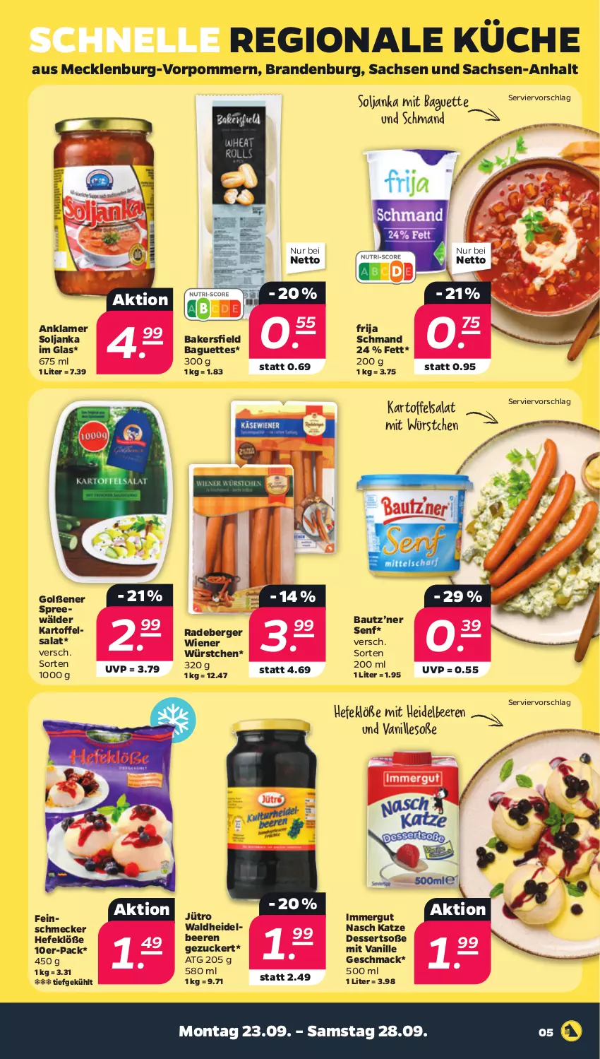 Aktueller Prospekt Netto - Woche 39 - von 23.09 bis 28.09.2024 - strona 5 - produkty: baguette, baguettes, Bau, beere, beeren, Berger, dessert, desserts, elle, feinschmecker, Hefe, heidelbeere, heidelbeeren, immergut, kartoffel, kartoffelsalat, küche, mac, mit würstchen, radeberger, sac, salat, schmand, senf, Soße, spreewälder, Ti, vanille, Waldheidelbeeren, wiener, wiener würstchen, würstchen, zucker