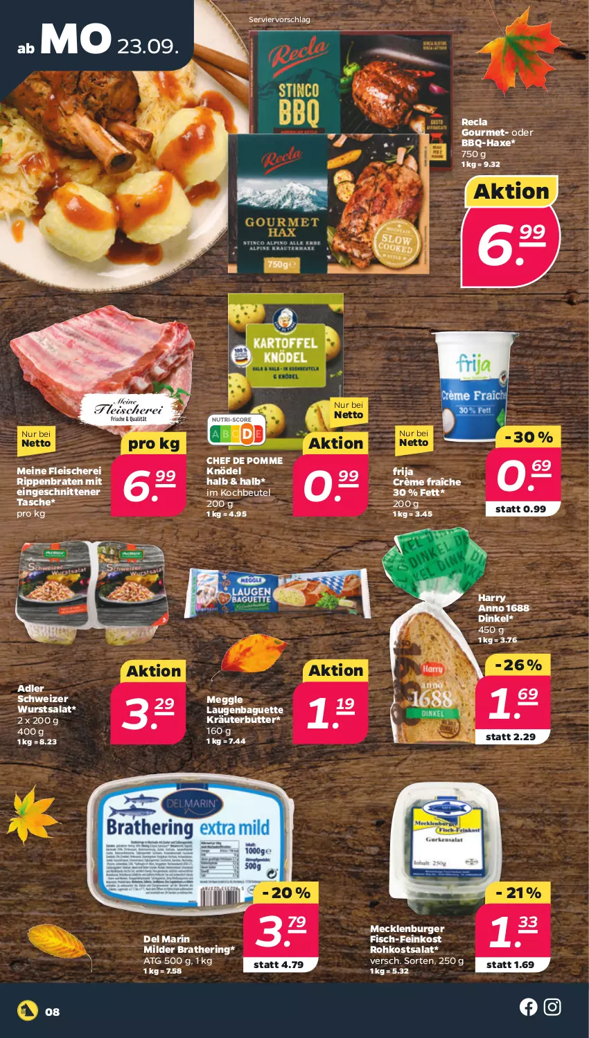 Aktueller Prospekt Netto - Woche 39 - von 23.09 bis 28.09.2024 - strona 8 - produkty: axe, baguette, beutel, braten, burger, butter, crème fraîche, eis, feinkost, fisch, fleisch, Fleischerei, Haxe, hering, Knödel, kochbeutel, kräuter, kräuterbutter, meggle, ring, Rippen, salat, Schere, schnitten, Tasche, Ti, wurst