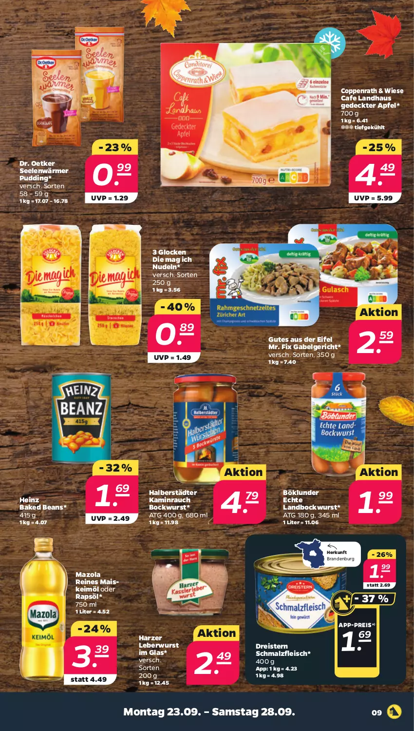 Aktueller Prospekt Netto - Woche 39 - von 23.09 bis 28.09.2024 - strona 9 - produkty: apfel, bockwurst, böklunder, coppenrath, Dr. Oetker, dreistern, eis, fleisch, gabel, heinz, Kamin, keimöl, leberwurst, LG, mais, malz, mazola, nudel, nudeln, pudding, rapsöl, Rauch, reis, Schmalz, Ti, wurst