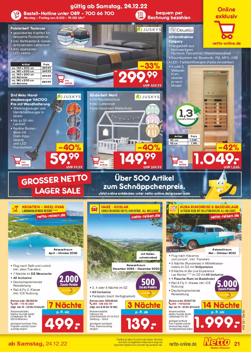 Aktueller Prospekt Netto Marken-Discount - Filial-Angebote - von 27.12 bis 31.12.2022 - strona 21 - produkty: akku, angebot, Bad, Bau, Berger, bett, bettkasten, buch, decke, dell, eis, flasche, handstaubsauger, Holz, Kinder, Kinderbett, labranda, latte, lattenrost, LG, matratze, Mode, Mp3, polsterbett, pril, reis, reiseveranstalter, rückenlehne, rum, schnäppchen, Spektrum, staubsauger, Stielstaubsauger, Ti, uhr, usb, wandhalterung, ZTE