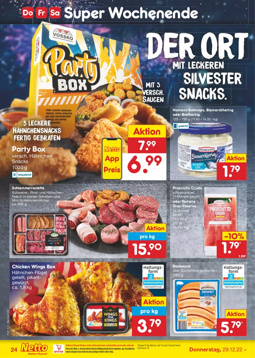 Aktueller Prospekt Netto Marken-Discount - Filial-Angebote - von 27.12 bis 31.12.2022 - strona 24 - produkty: bestpreis, bismarck, bockwurst, braten, buch, chicken wings, eis, fleisch, gewürz, Hähnchenfleisch, hering, Holz, homann, leine, ndk, prosciutto, prosciutto crudo, reis, rind, ring, sauce, saucen, schwein, schweine, serrano, snack, snacks, Ti, wein, weine, wurst