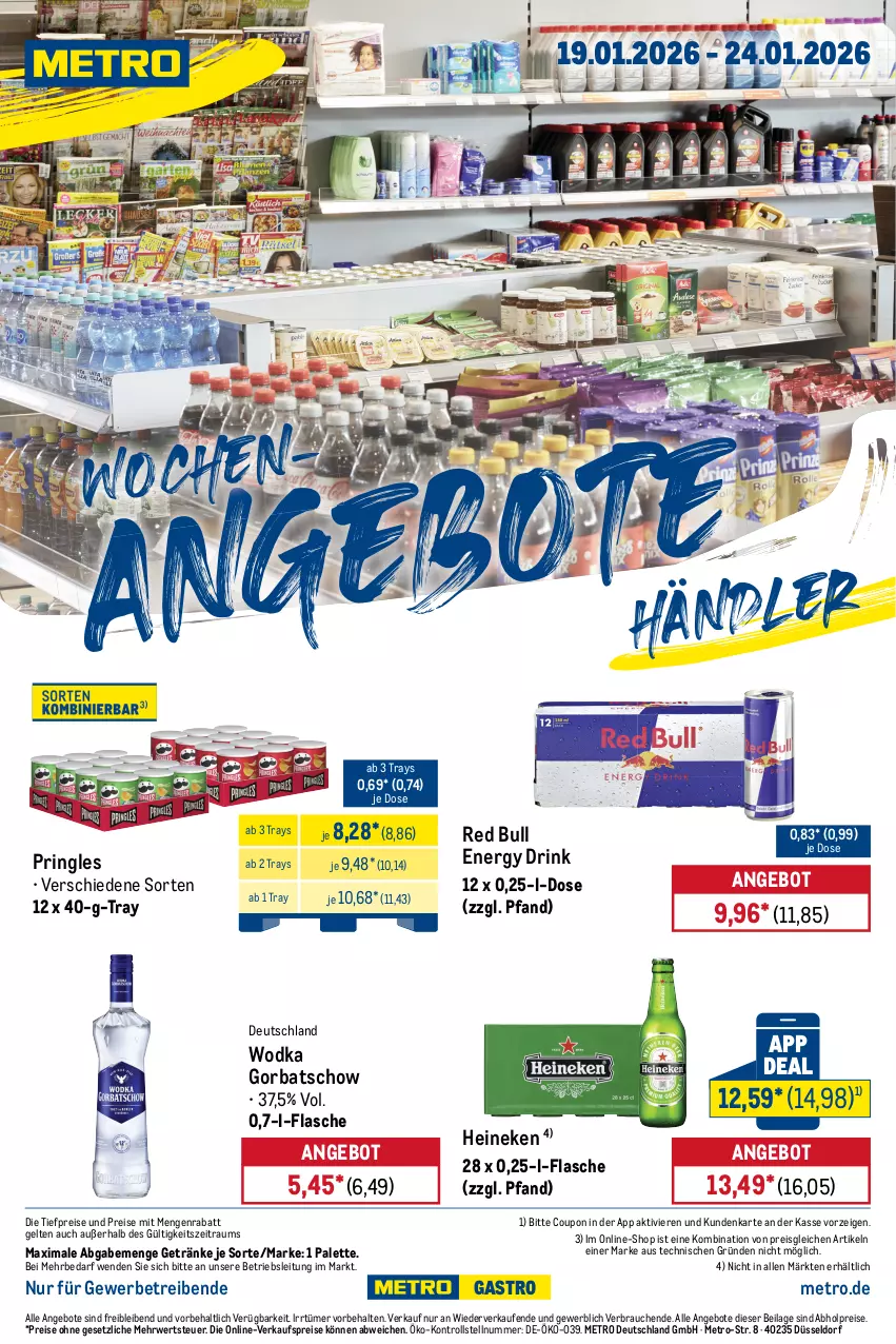 Aktueller Prospekt Metro - Wochen-Angebote Händler - von 19.01 bis 24.01.2026 - strona 1 - produkty: abholpreise, angebot, angebote, coupon, drink, eis, energy drink, flasche, getränk, getränke, Gorbatschow, heineken, ilag, Metro, Palette, pringles, Rauch, red bull, reis, ring, rwe, Ti, tiefpreis, wodka