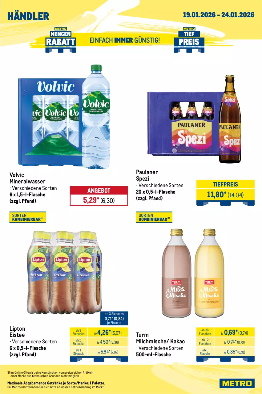 Aktueller Prospekt Metro - Wochen-Angebote Händler - von 19.01 bis 24.01.2026 - strona 3 - produkty: Alwa, angebot, eis, eistee, flasche, getränk, getränke, kakao, lion, lipton, mars, milch, mineralwasser, Palette, Paula, paulaner, reis, riegel, snickers, Spezi, tee, Ti, tiefpreis, twix, volvic, wasser, zucker