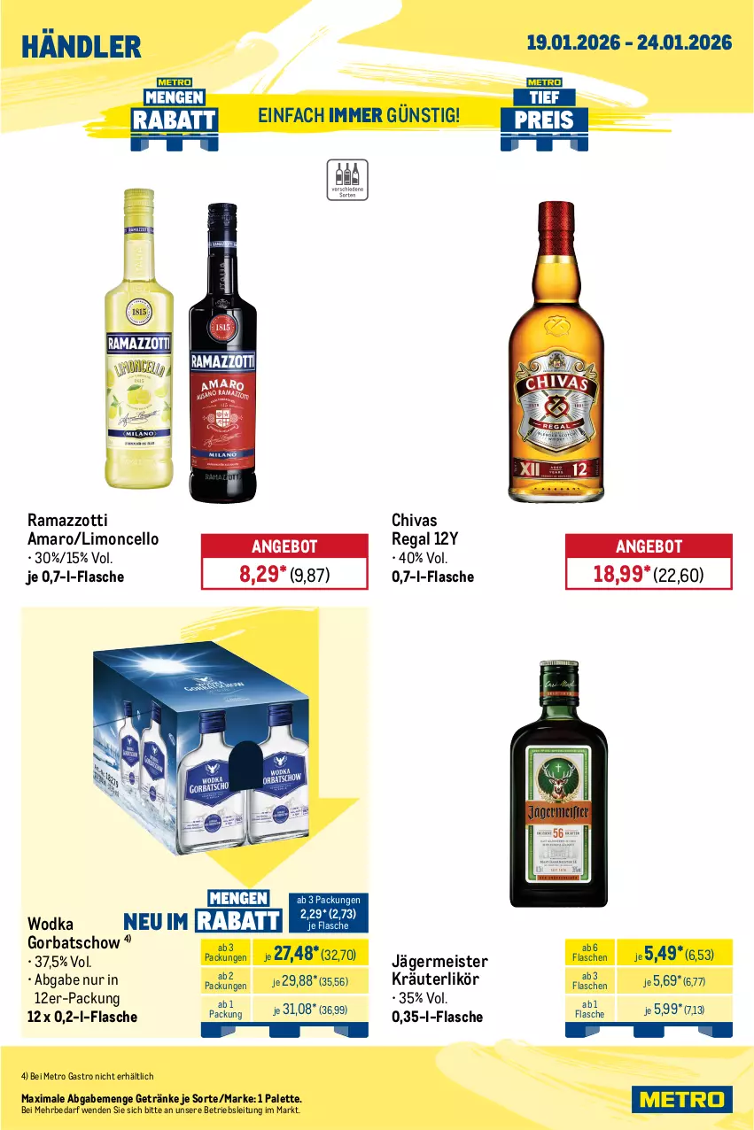 Aktueller Prospekt Metro - Wochen-Angebote Händler - von 19.01 bis 24.01.2026 - strona 5 - produkty: amaro, angebot, axe, bier, eis, flasche, Germ, getränk, getränke, Gorbatschow, Hefe, jägermeister, kräuter, kräuterlikör, likör, limo, Meister, Metro, metro gastro, Palette, Paula, paulaner, pils, premium pils, rama, ramazzott, ramazzotti, regal, reis, Ti, tiefpreis, tyskie, wodka, zott