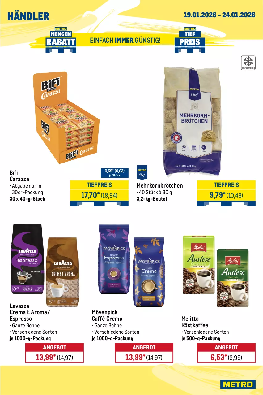 Aktueller Prospekt Metro - Wochen-Angebote Händler - von 19.01 bis 24.01.2026 - strona 7 - produkty: angebot, beutel, bifi, bohne, brötchen, caffè crema, eis, espresso, kaffee, korn, lavazza, mehrkornbrötchen, melitta, mövenpick, reis, röstkaffee, Ti, tiefpreis