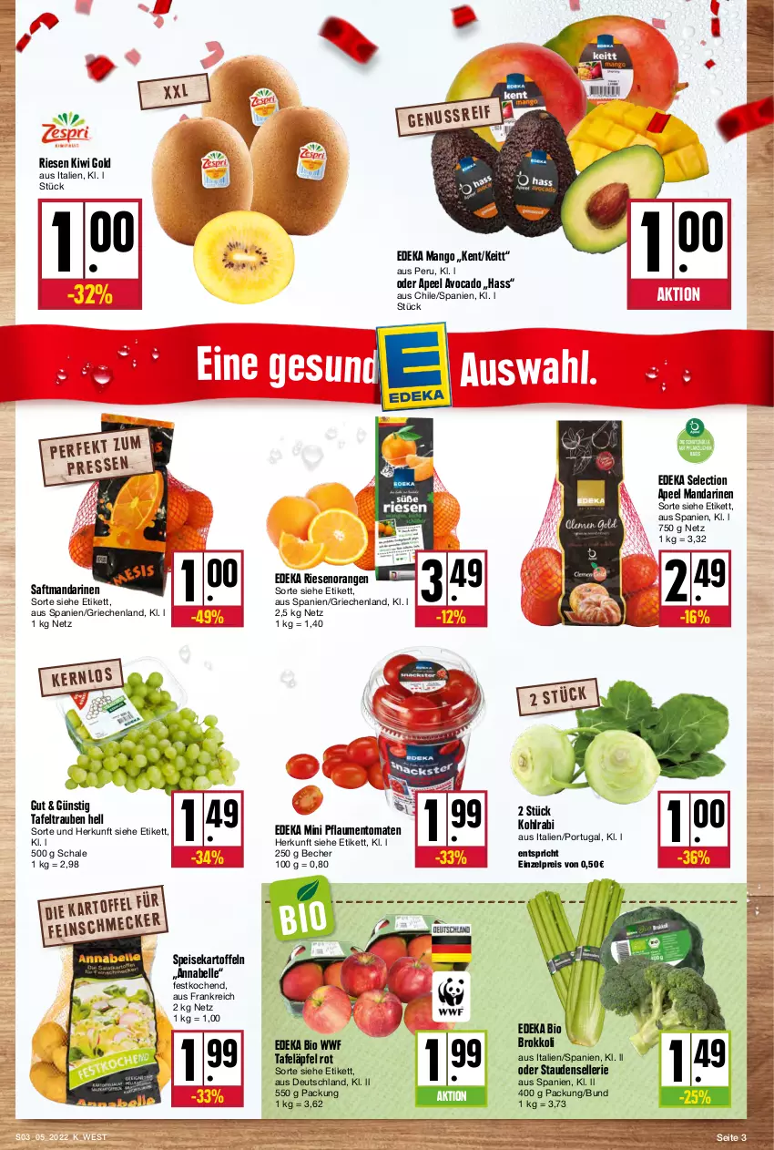 Aktueller Prospekt Kupsch - Angebote der Woche - von 31.01 bis 05.02.2022 - strona 3 - produkty: avocado, Becher, bio, brokkoli, deka, edeka bio, eis, elle, kartoffel, kartoffeln, kiwi, Kiwi Gold, kohlrabi, mandarine, mandarinen, mango, orange, orangen, pflaume, pflaumen, reis, saft, Schal, Schale, speisekartoffeln, stauden, tafeläpfel, tafeltrauben, Ti, tomate, tomaten, trauben