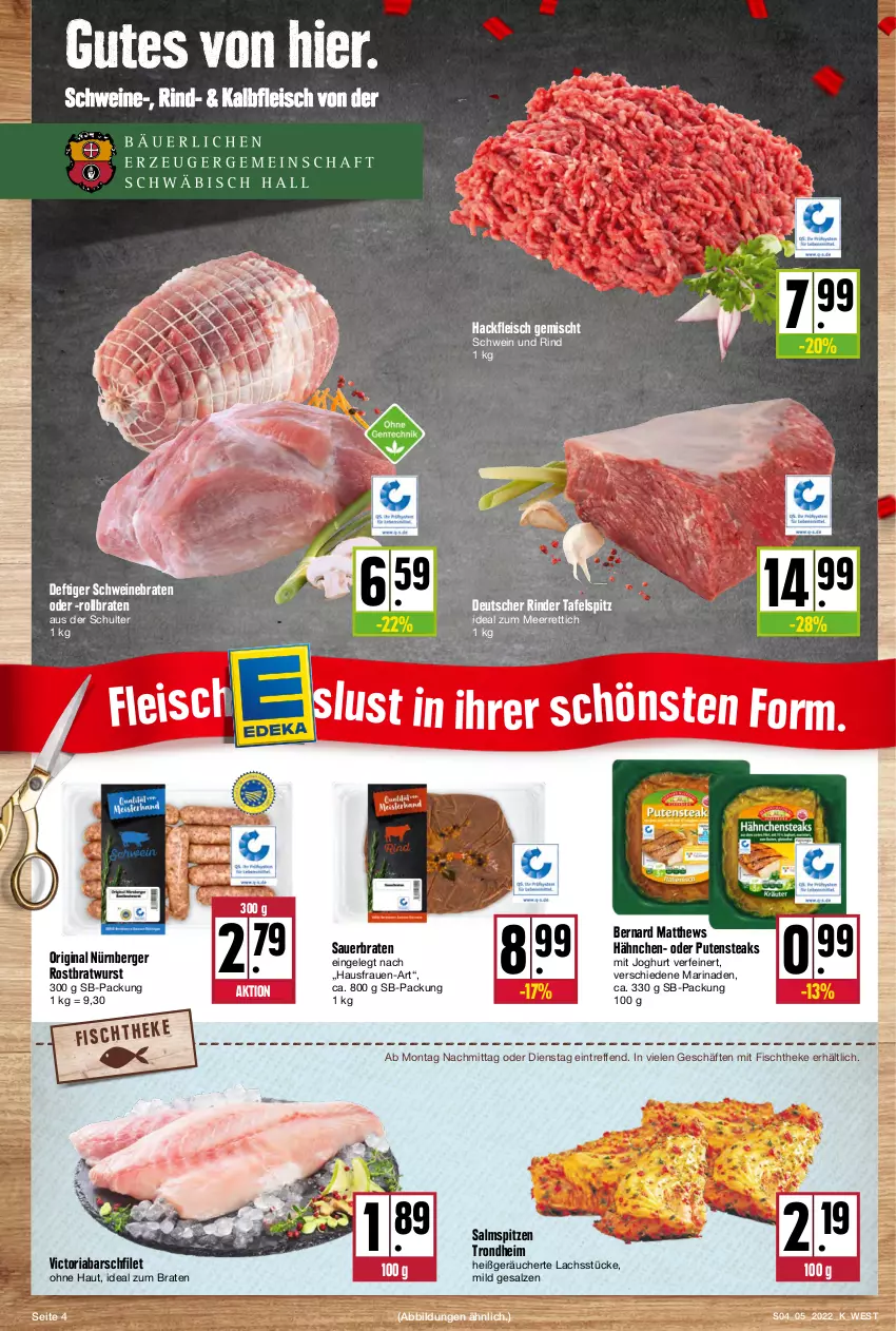 Aktueller Prospekt Kupsch - Angebote der Woche - von 31.01 bis 05.02.2022 - strona 4 - produkty: auer, Berger, braten, bratwurst, eis, filet, fisch, fischtheke, fleisch, gin, hackfleisch, hackfleisch gemischt, ideal zum braten, joghur, joghurt, Kalbfleisch, lachs, marinade, meerrettich, nürnberger, pute, putensteaks, Rettich, Ria, rind, rinder, rollbraten, rostbratwurst, salz, schwein, schwein und rind, schweine, schweinebraten, steak, steaks, tafelspitz, Ti, wein, weine, wurst