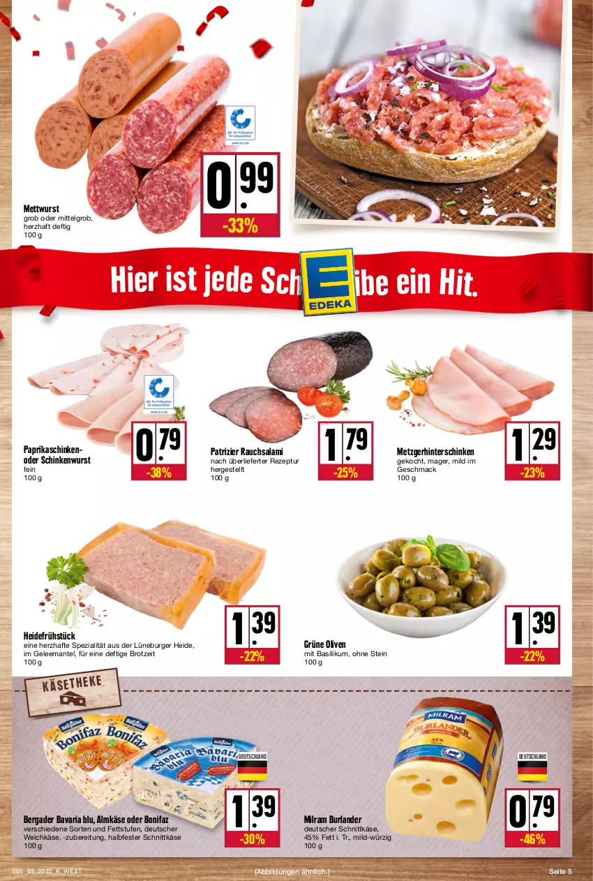 Aktueller Prospekt Kupsch - Angebote der Woche - von 31.01 bis 05.02.2022 - strona 5 - produkty: almkäse, basilikum, bavaria blu, bergader, brot, burger, burlander, deutscher schnittkäse, deutscher weichkäse, gelee, grüne oliven, halbfester schnittkäse, heidefrühstück, hinterschinken, Käse, LG, mac, Mantel, Mett, mettwurst, milram, olive, oliven, paprika, Rauch, rezept, Ria, salami, schinken, schinkenwurst, schnittkäse, Spezi, Ti, weichkäse, wurst