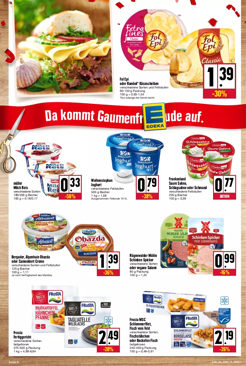 Aktueller Prospekt Kupsch - Angebote der Woche - von 31.01 bis 05.02.2022 - strona 6 - produkty: Alpenhain, backofen, backofen fisch, Becher, bergader, camembert, camembert creme, creme, eis, fertiggericht, filet, fisch, fischstäbchen, fol epi, frosta, joghur, joghurt, Käse, käsescheiben, milch, Müller, obazda, Ofen, reis, rügenwalder, rügenwalder mühle, sahne, salami, schinken, schinken spicker, schlagsahne, schlemmerfilet, schmand, Ti, weihenstephan