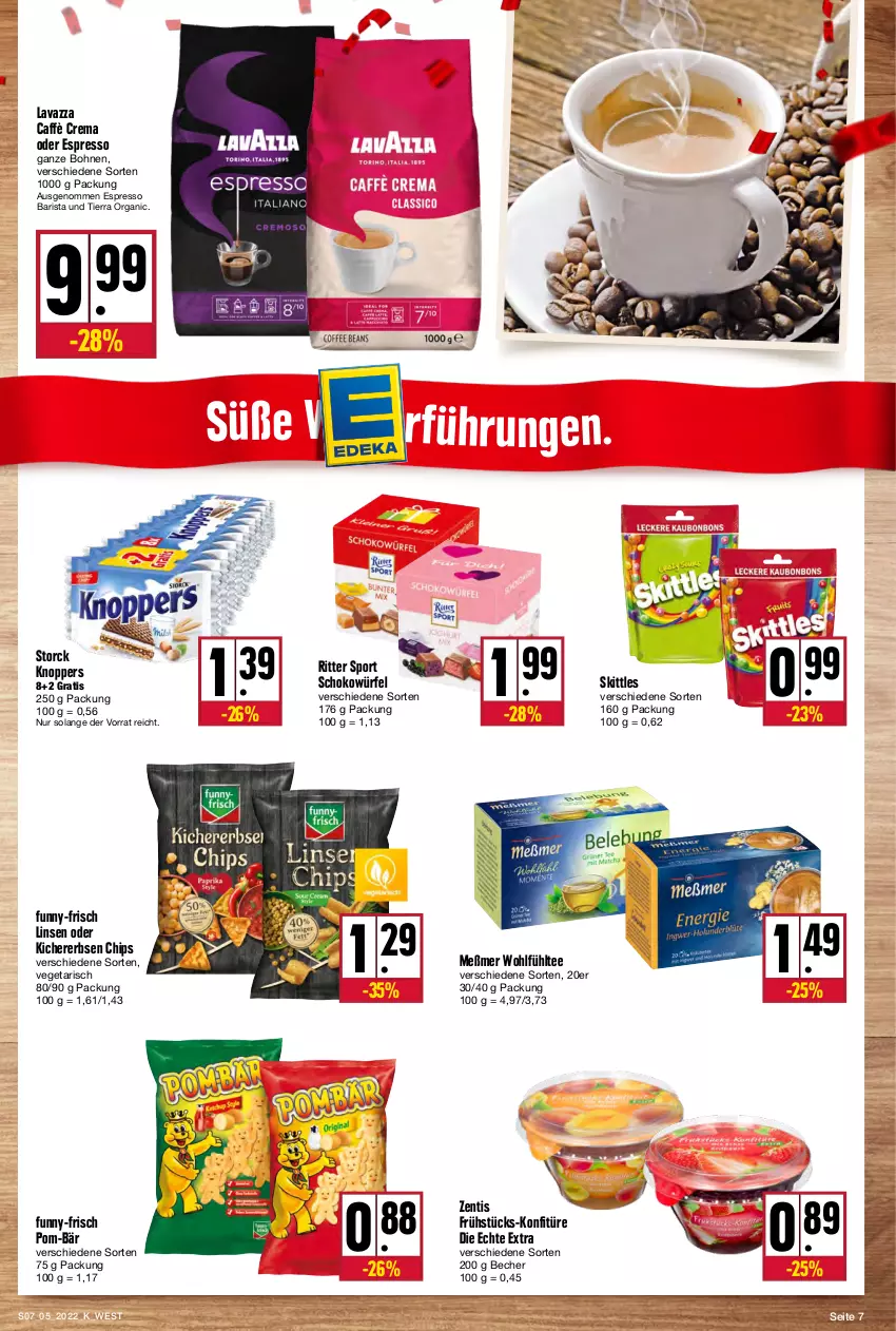 Aktueller Prospekt Kupsch - Angebote der Woche - von 31.01 bis 05.02.2022 - strona 7 - produkty: Becher, bohne, bohnen, caffè crema, chips, erbsen, espresso, funny-frisch, kichererbsen, Kichererbsen Chips, knoppers, konfitüre, lavazza, linsen, Meßmer, oder espresso, pom-bär, ritter, ritter sport, schoko, schokowürfel, skittles, Sport, storck, tee, Ti, Vegeta, würfel, zentis