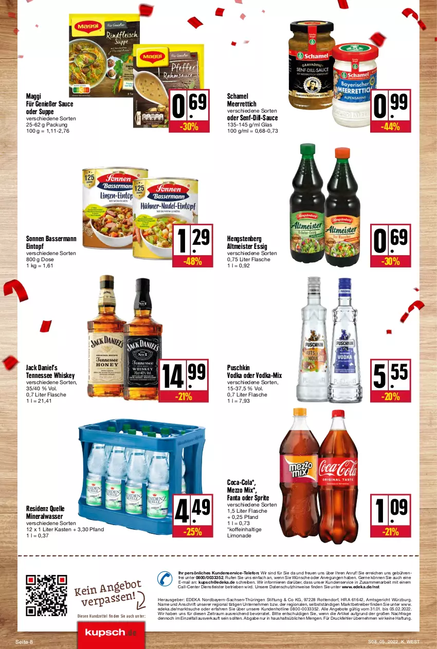 Aktueller Prospekt Kupsch - Angebote der Woche - von 31.01 bis 05.02.2022 - strona 8 - produkty: Alwa, angebot, angebote, coca-cola, cola, deka, eintopf, eis, elle, ente, essig, fanta, fanta oder, fanta oder sprite, flasche, hengstenberg, Hengstenberg Altmeister, jack daniel, Jack Daniel’s, limo, limonade, maggi, meerrettich, Meister, Mezzo Mix, mineralwasser, oder sprite, puschkin vodka, Rettich, ring, sac, sauce, schamel, senf, sprite, suppe, telefon, tennessee whiskey, Ti, topf, vodka, wasser, whiskey