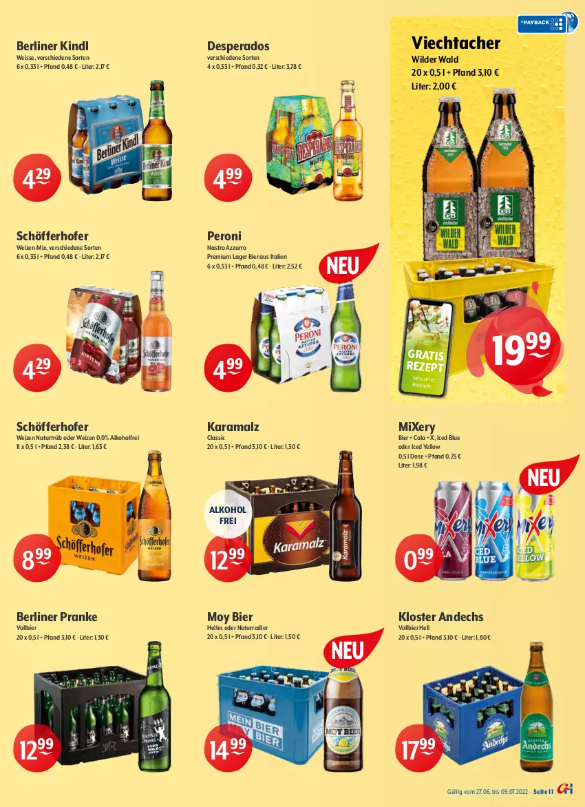 Aktueller Prospekt Getraenke Hoffmann - Prospekte - von 27.06 bis 09.07.2022 - strona 11 - produkty: alkohol, berliner, berliner kindl, bier, bitburger, burger, cola, desperados, eis, elle, karamalz, Kloster Andechs, krombache, krombacher, mac, malz, Mixer, mixery, mönchshof, Moy Bier, natur, Paula, paulaner, Peroni, pils, premium pils, radler, rama, rezept, schöfferhofer, steiner, Ti, warsteiner, Wild