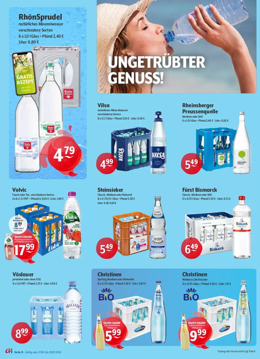 Aktueller Prospekt Getraenke Hoffmann - Prospekte - von 27.06 bis 09.07.2022 - strona 8 - produkty: alkohol, Alwa, Astra, auer, Berger, bier, bio, bismarck, budweiser, eis, elle, erdinger, flasche, gin, kräuter, limo, mineralwasser, natur, natürliches mineralwasser, nuss, pils, pilsener, radler, reis, rel, rezept, Rheinsberger Preussenquelle, RhönSprudel, Sprudel, Steinsieker, tee, Ti, veltins, veltins pilsener, vilsa, volvic, vöslauer, wasser, weissbier