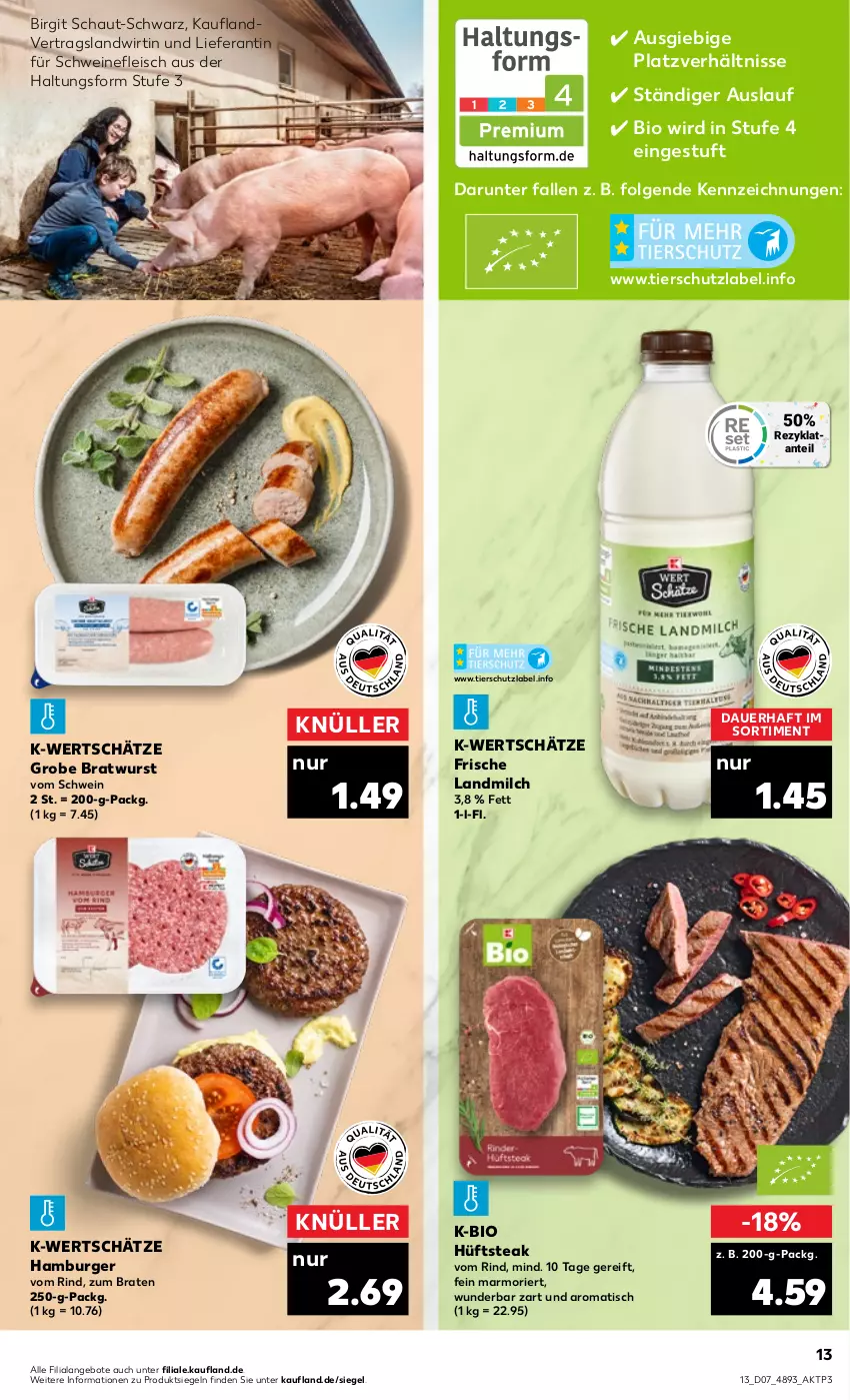 Aktueller Prospekt Kaufland - von 16.02 bis 22.02.2023 - strona 13 - produkty: angebot, angebote, auer, bio, braten, bratwurst, burger, eis, fleisch, grobe bratwurst, hamburger, hüftsteak, landmilch, LG, milch, rind, schwein, schweine, schweinefleisch, steak, Ti, tisch, wein, weine, wurst