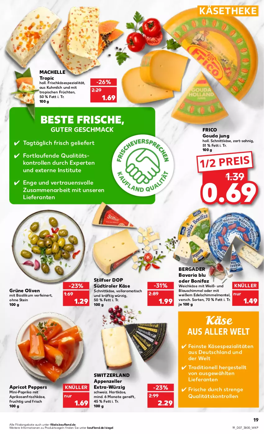 Aktueller Prospekt Kaufland - von 16.02 bis 22.02.2023 - strona 19 - produkty: angebot, angebote, appenzeller, aprikose, aprikosen, basilikum, bavaria blu, bergader, eis, elle, frico, frischkäse, frucht, früchte, früchten, gouda, gouda jung, grüne oliven, hartkäse, Käse, käsetheke, Laufen, mac, Mantel, milch, olive, oliven, paprika, reis, Ria, schnittkäse, senf, Spezi, südtiroler, Ti, tisch, weichkäse