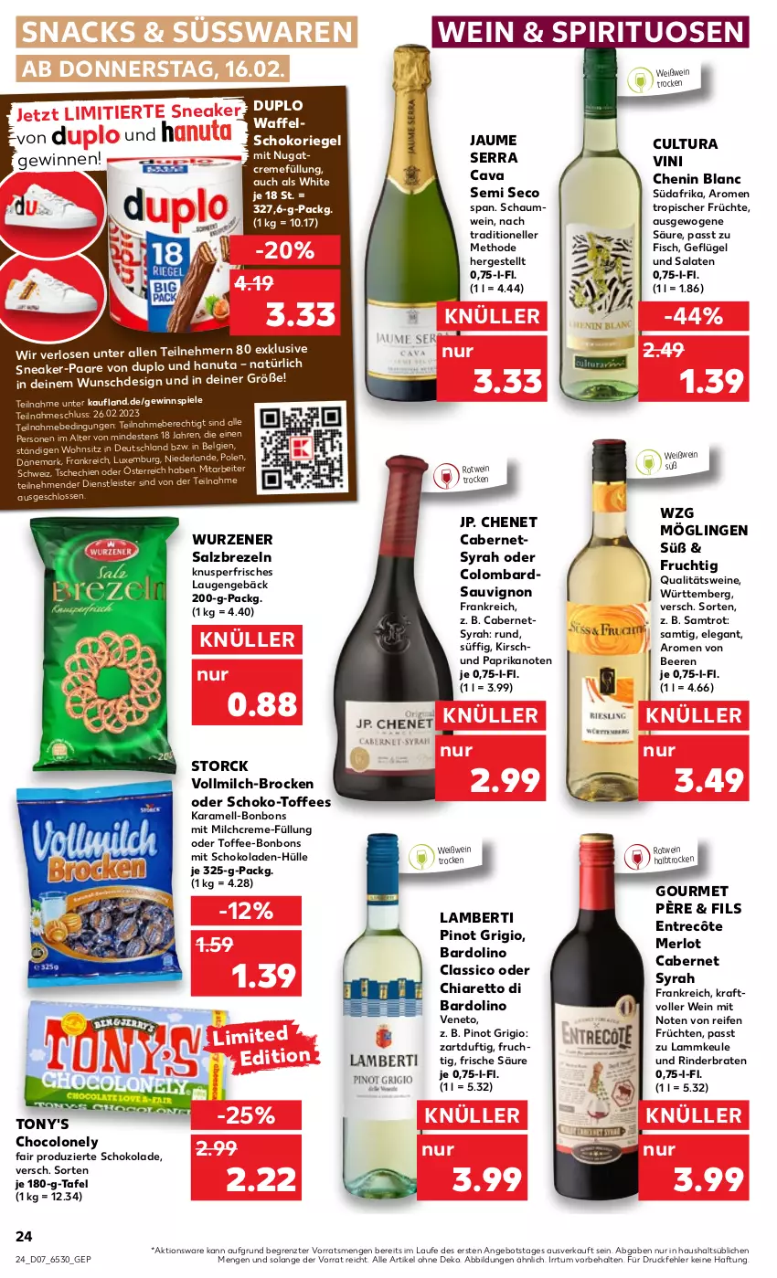 Aktueller Prospekt Kaufland - von 16.02 bis 22.02.2023 - strona 24 - produkty: Amber, angebot, beere, beeren, bonbons, braten, brezel, Brezeln, Brock, cabernet, Cava, chia, classico, creme, duplo, eis, elle, entrecôte, fisch, frucht, früchte, früchten, gewinnspiel, karamell, kirsch, kraft, lamm, lammkeule, LG, merl, merlot, milch, paprika, Pinot, pinot grigio, qualitätswein, qualitätsweine, reifen, riegel, rind, rinder, rinderbraten, rotwein, salat, salate, salz, sauvignon, schoko, schokolade, schokoladen, snack, snacks, sneaker, Spiele, spirituosen, storck, süsswaren, Ti, vollmilch, wein, weine, Weißwein, ZTE