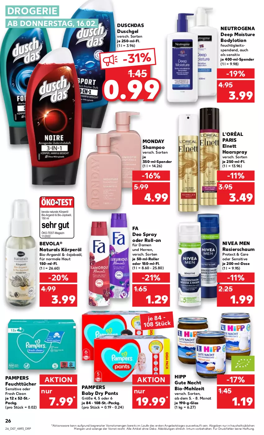 Aktueller Prospekt Kaufland - von 16.02 bis 22.02.2023 - strona 26 - produkty: angebot, bio, body, bodylotion, deo, deo spray, duschdas, duschgel, elnett, feuchttücher, haarspray, hipp, Lotion, natur, natura, neutrogena, nivea, Nivea Men, pampers, pampers baby dry, Pants, Rasierschaum, roll-on, Roller, shampoo, Ti, tücher, ZTE