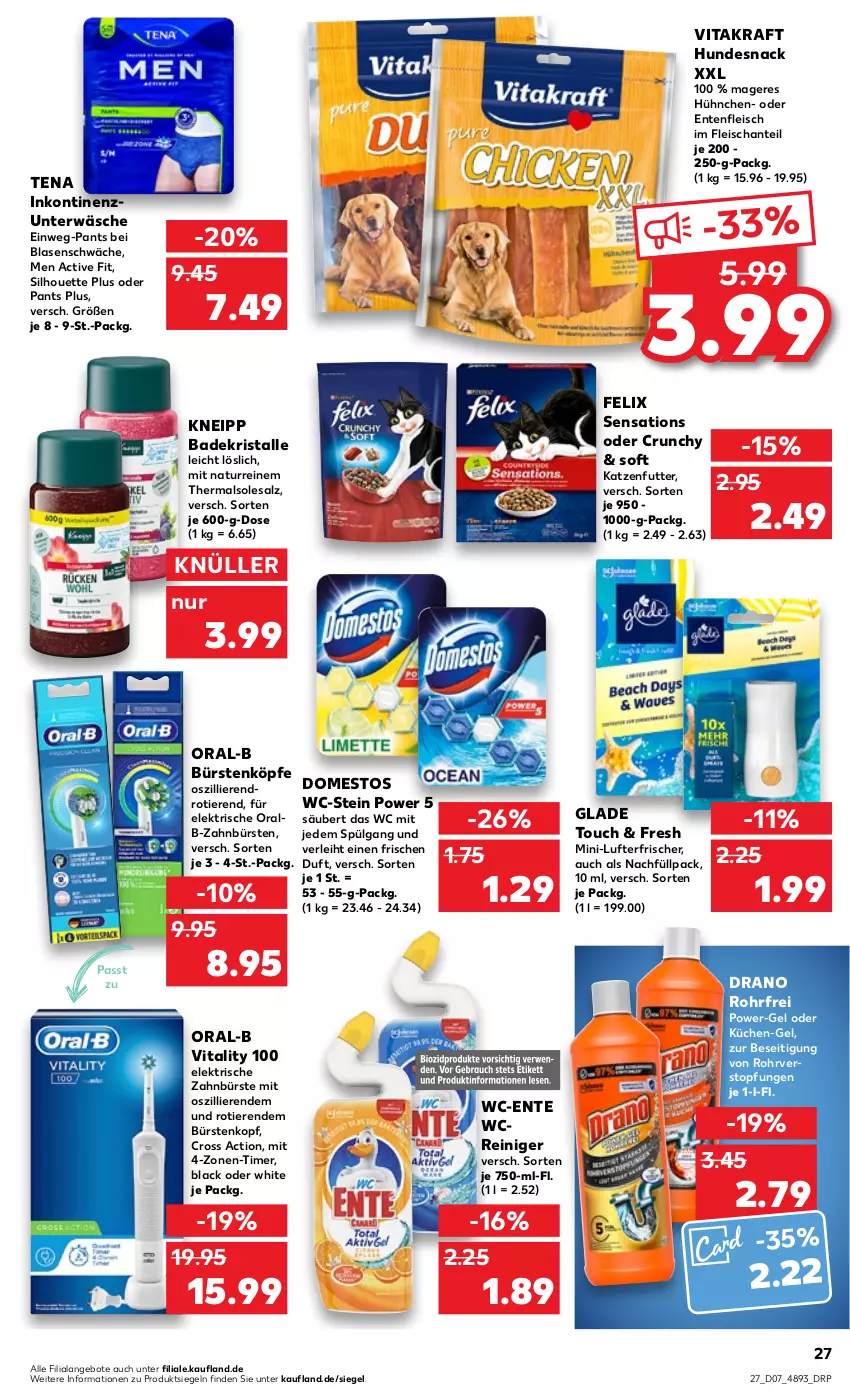 Aktueller Prospekt Kaufland - von 16.02 bis 22.02.2023 - strona 27 - produkty: angebot, angebote, Bad, Badekristalle, bürste, bürsten, cross action, domestos, eis, elektrische zahnbürste, ente, felix, fleisch, Glade, hundesnack, katzenfutter, kneipp, kraft, küche, Küchen, lack, LG, lufterfrischer, natur, oral-b, oralb, Pants, power-gel, reiniger, salz, sensations, snack, Ti, Tiere, timer, topf, Unterwäsche, vita, vitakraft, vitality, zahnbürste, zahnbürsten